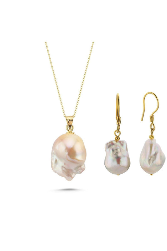 Barok Doğal İnci Küpe Kolye İkili Set