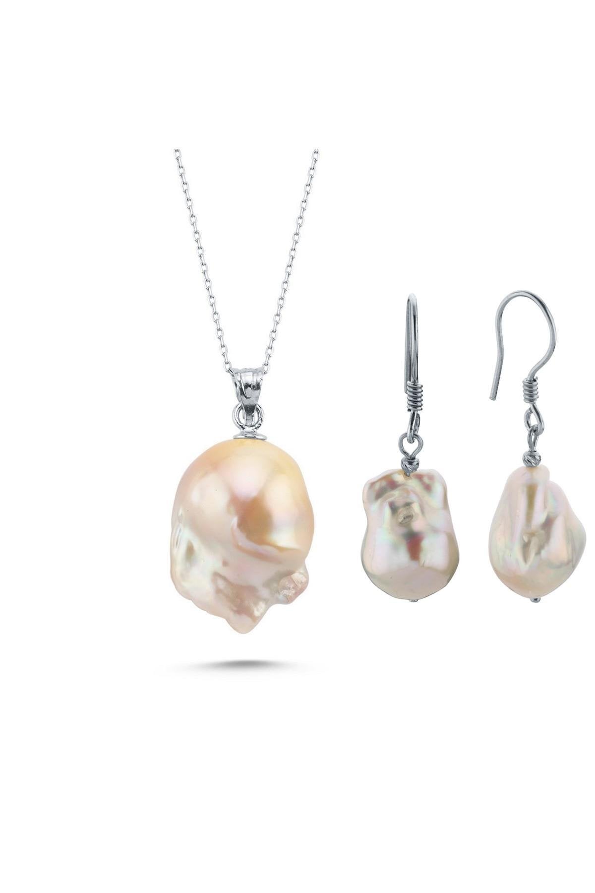 Barok Doğal İnci Küpe Kolye İkili Set