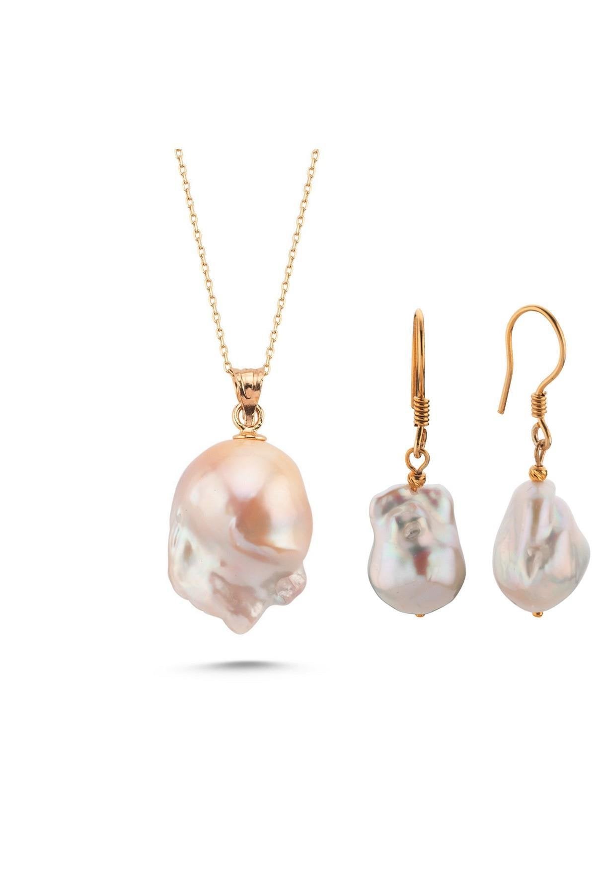 Barok Doğal İnci Küpe Kolye İkili Set