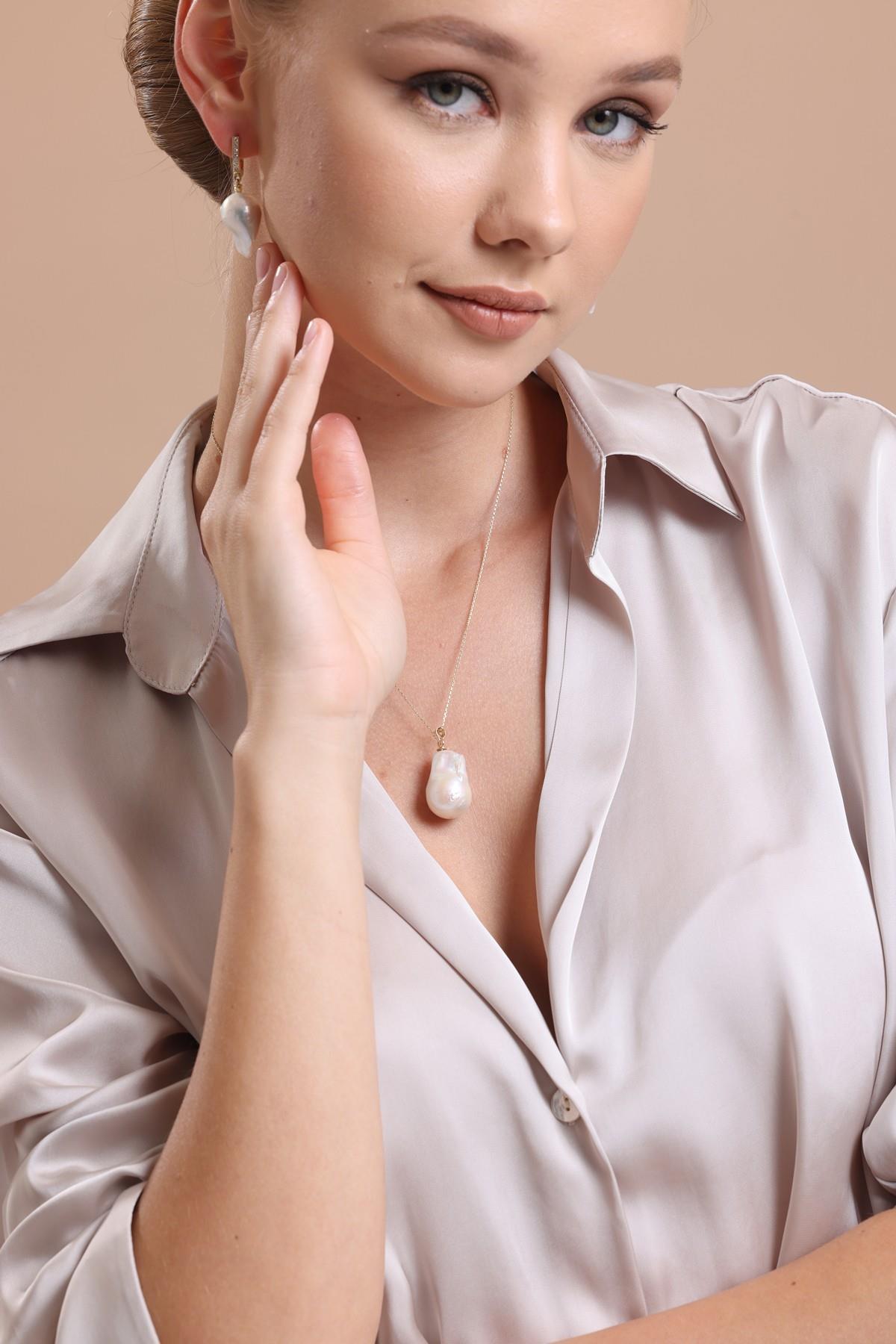 Barok Doğal İnci Küpe Kolye İkili Set