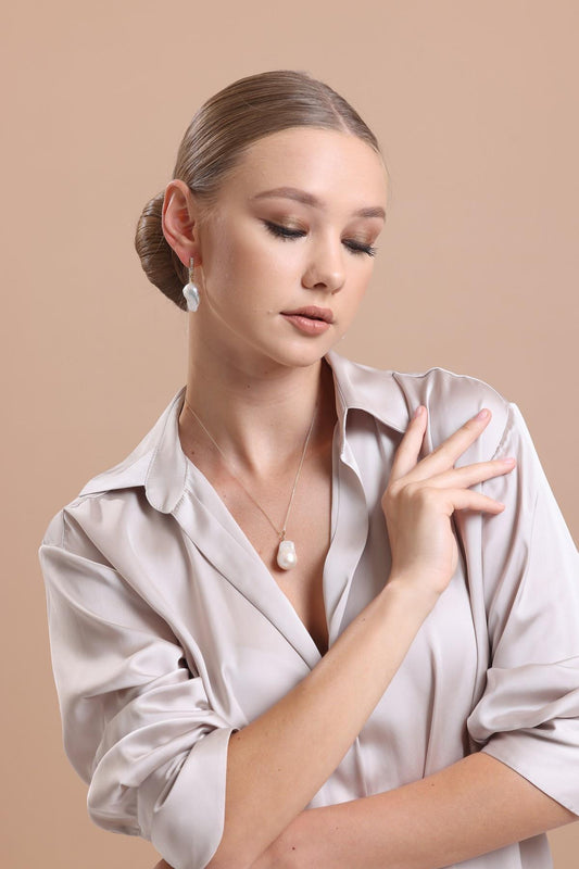 Barok Doğal İnci Küpe Kolye İkili Set