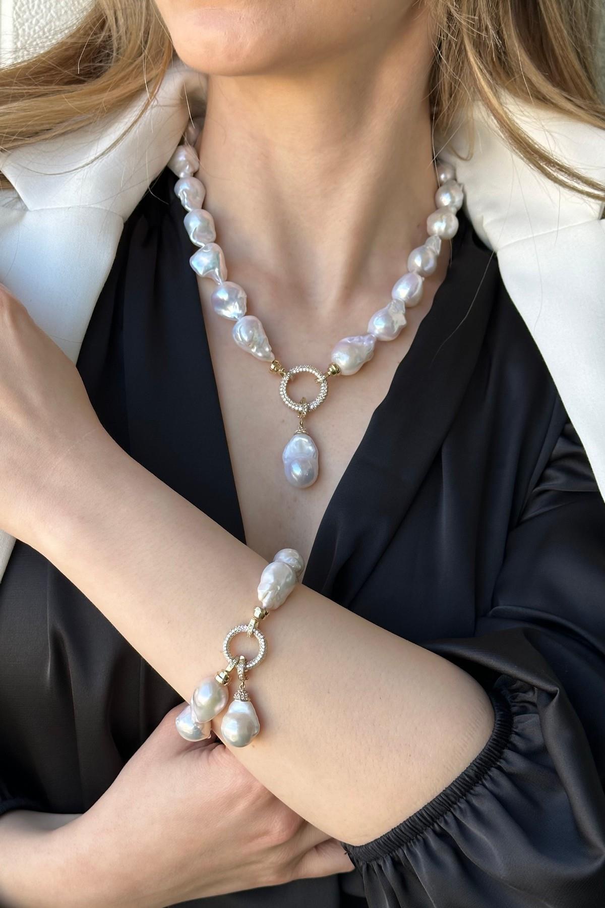 Halka Kilitli Barok Doğal İnci Kolye Bileklik İkili Set