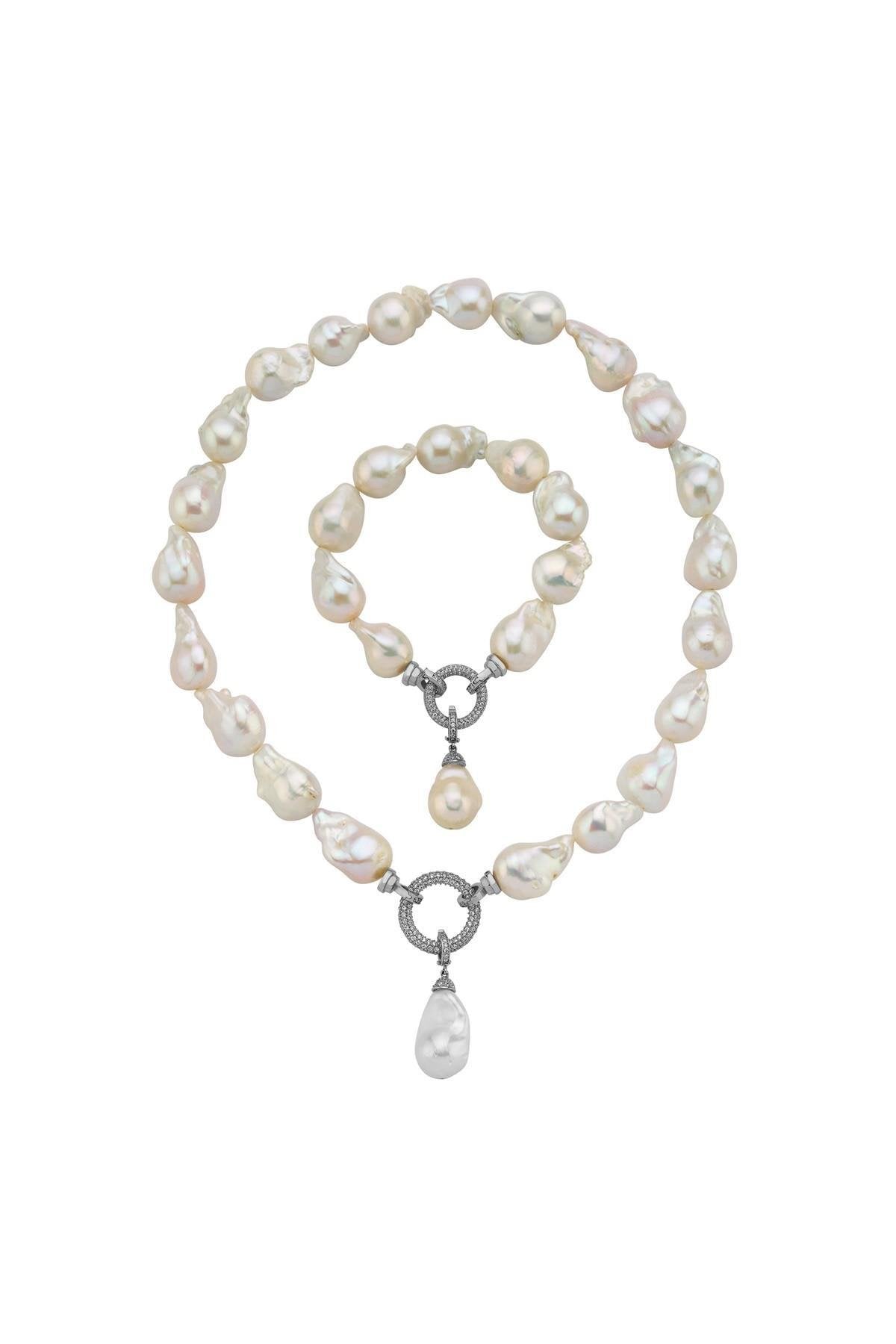 Halka Kilitli Barok Doğal İnci Kolye Bileklik İkili Set