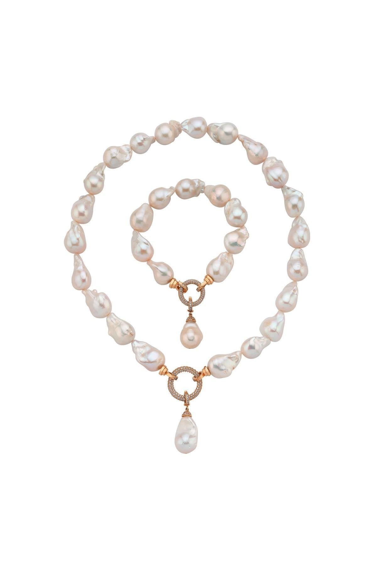 Halka Kilitli Barok Doğal İnci Kolye Bileklik İkili Set
