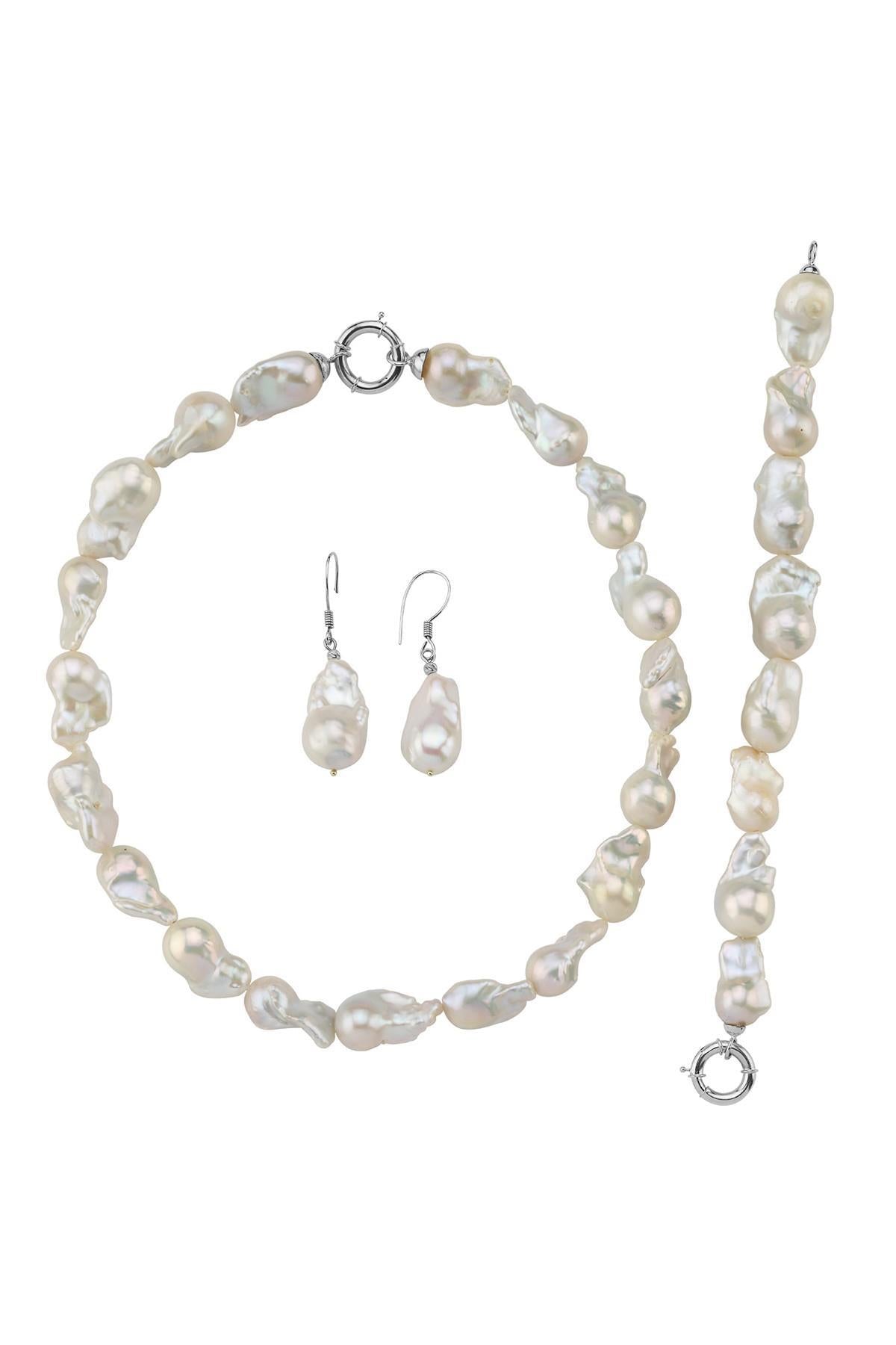 Barok İnci Kolye Bileklik Küpe Üçlü Set