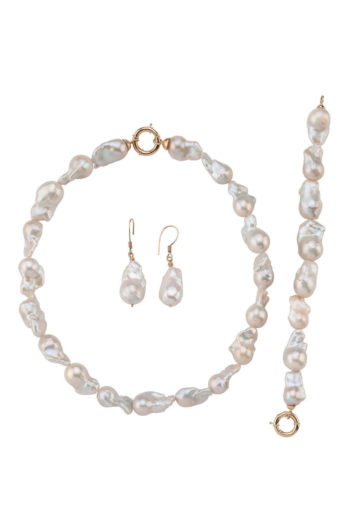 Barok İnci Kolye Bileklik Küpe Üçlü Set