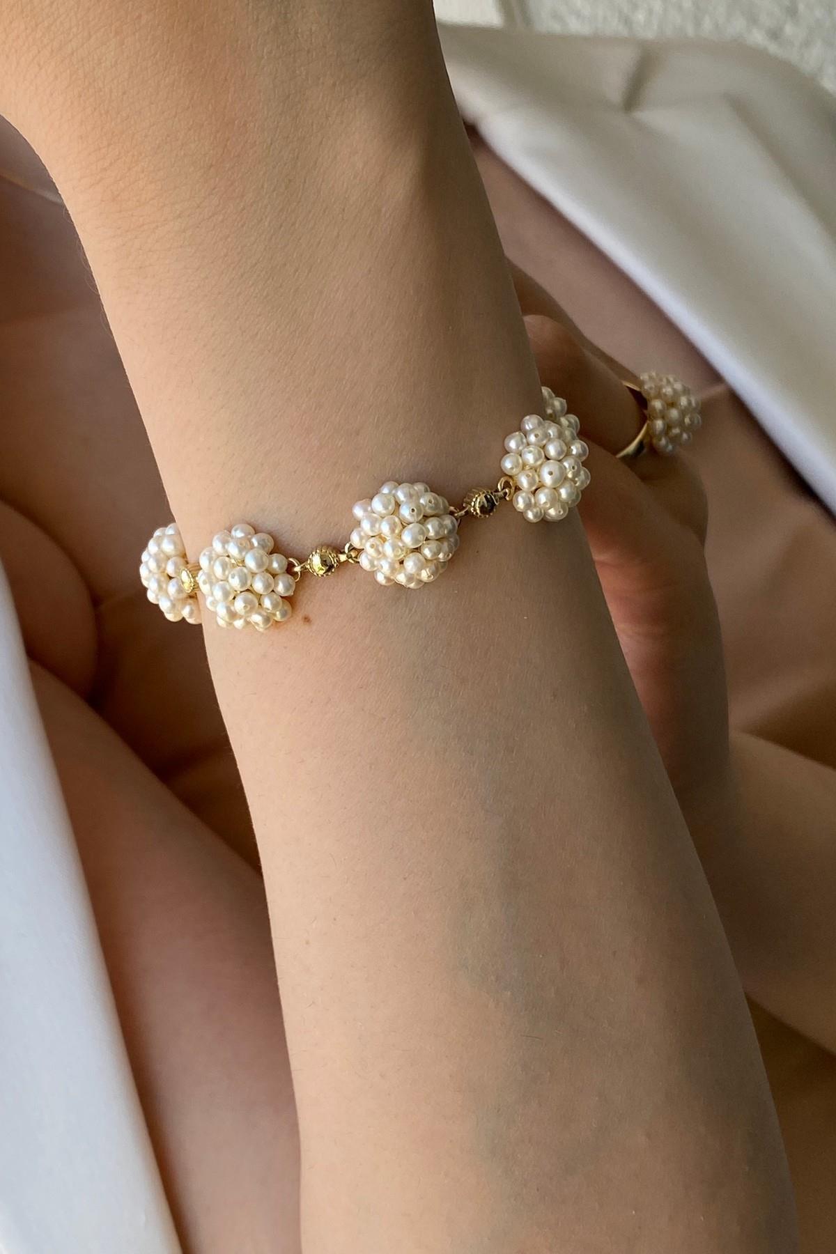 Prenses Model Doğal İnci Küpe Kolye Bileklik Yüzük Dörtlü Set