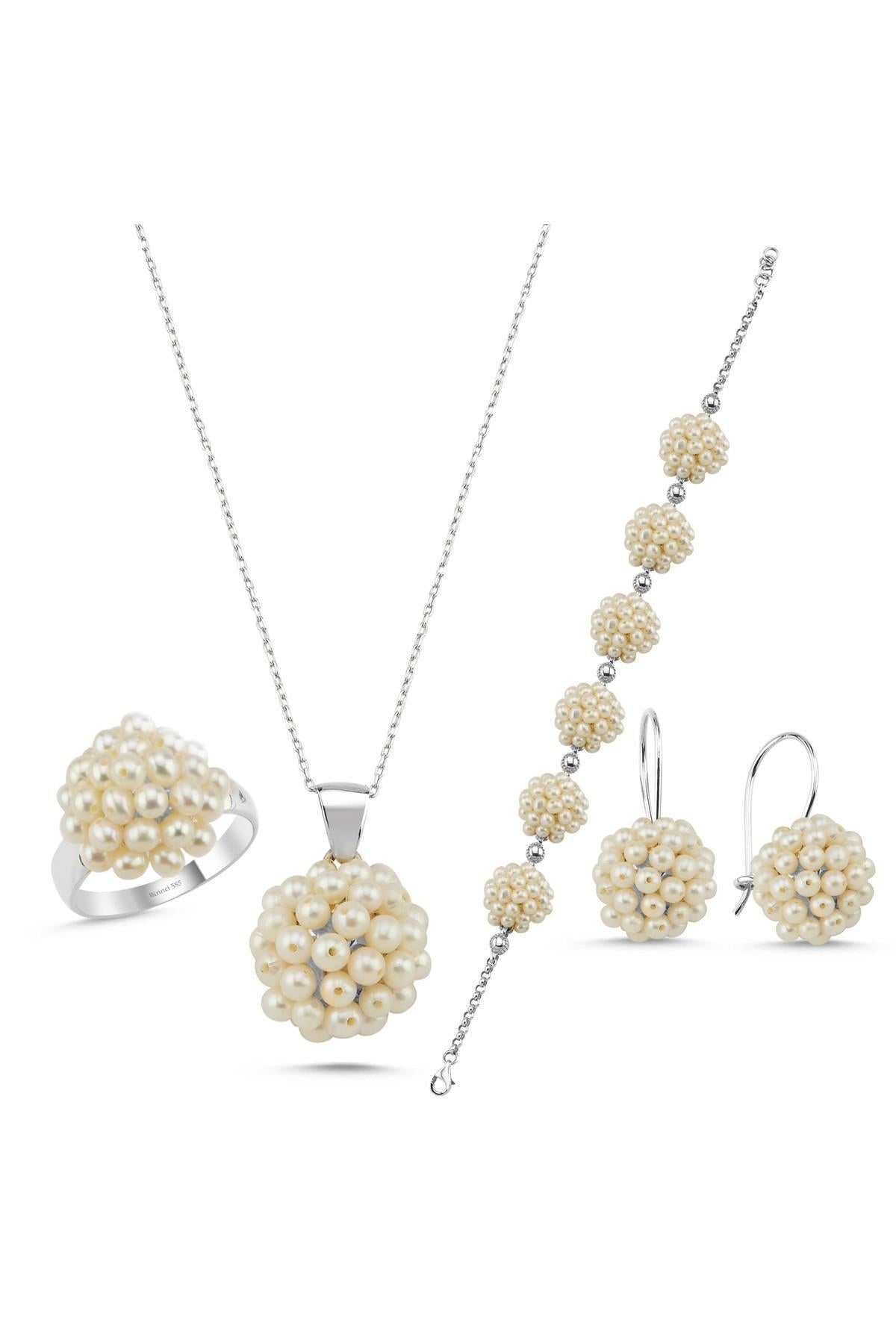 Prenses Model Doğal İnci Küpe Kolye Bileklik Yüzük Dörtlü Set