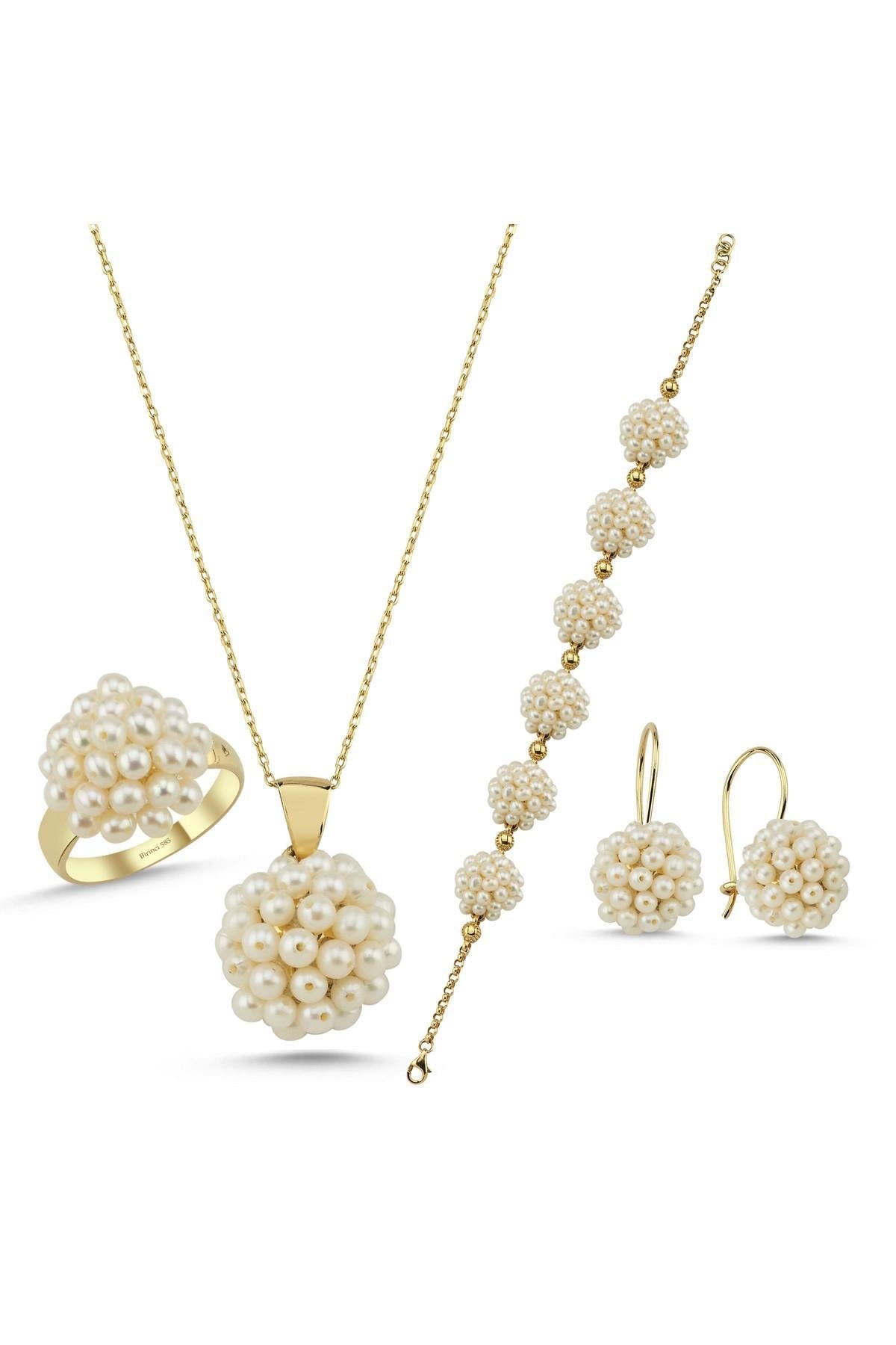 Prenses Model Doğal İnci Küpe Kolye Bileklik Yüzük Dörtlü Set