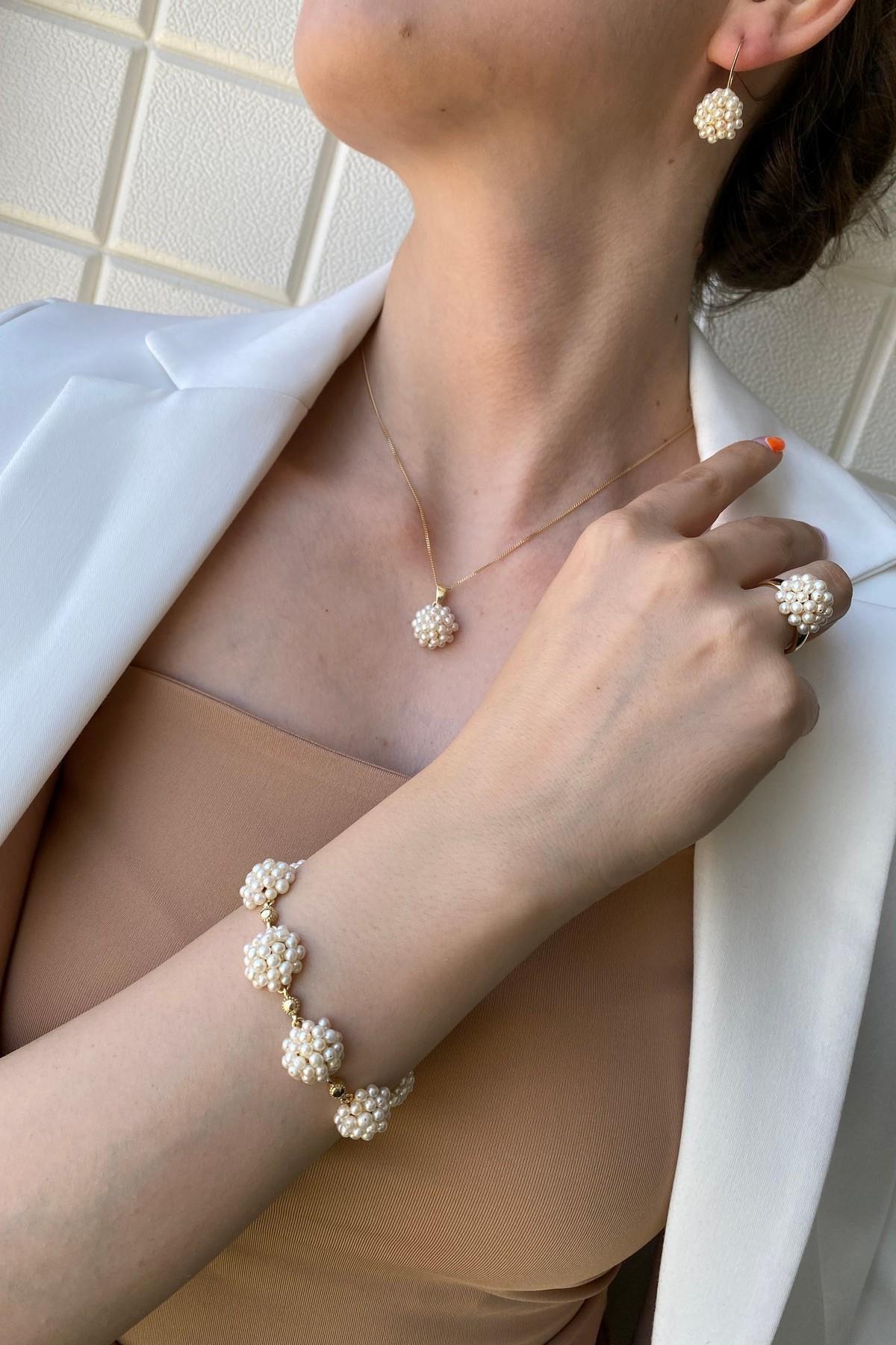 Prenses Model Doğal İnci Küpe Kolye Bileklik Yüzük Dörtlü Set