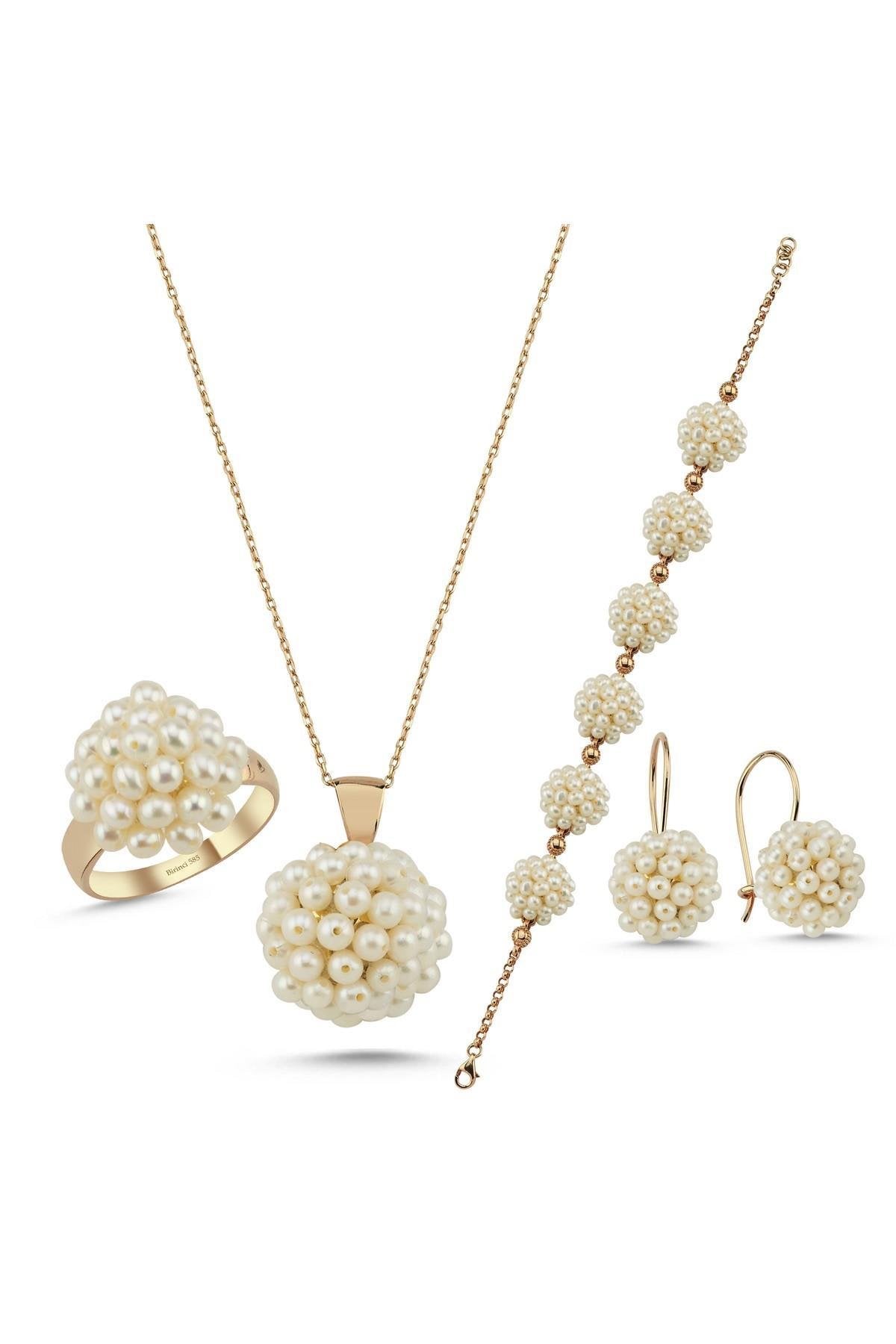 Prenses Model Doğal İnci Küpe Kolye Bileklik Yüzük Dörtlü Set