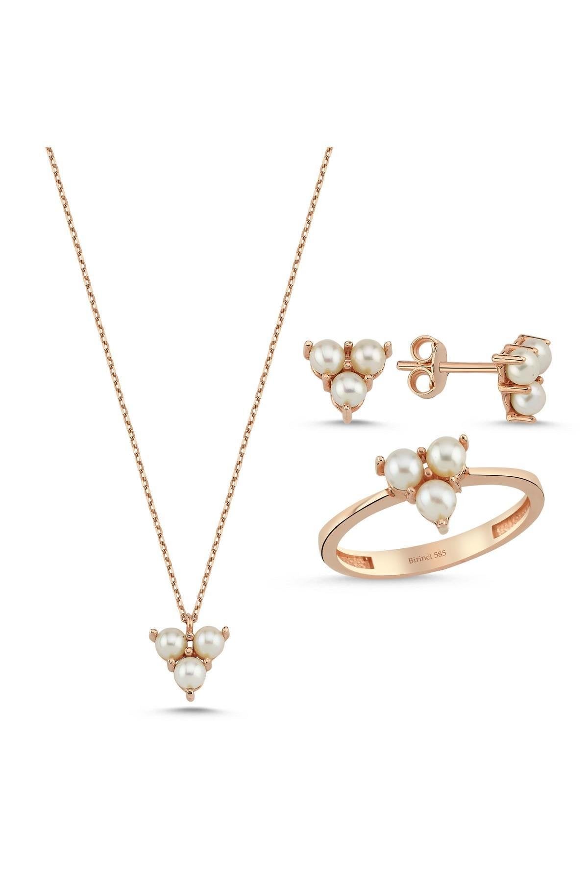 Tria Doğal İnci Küpe Kolye Yüzük Üçlü Set