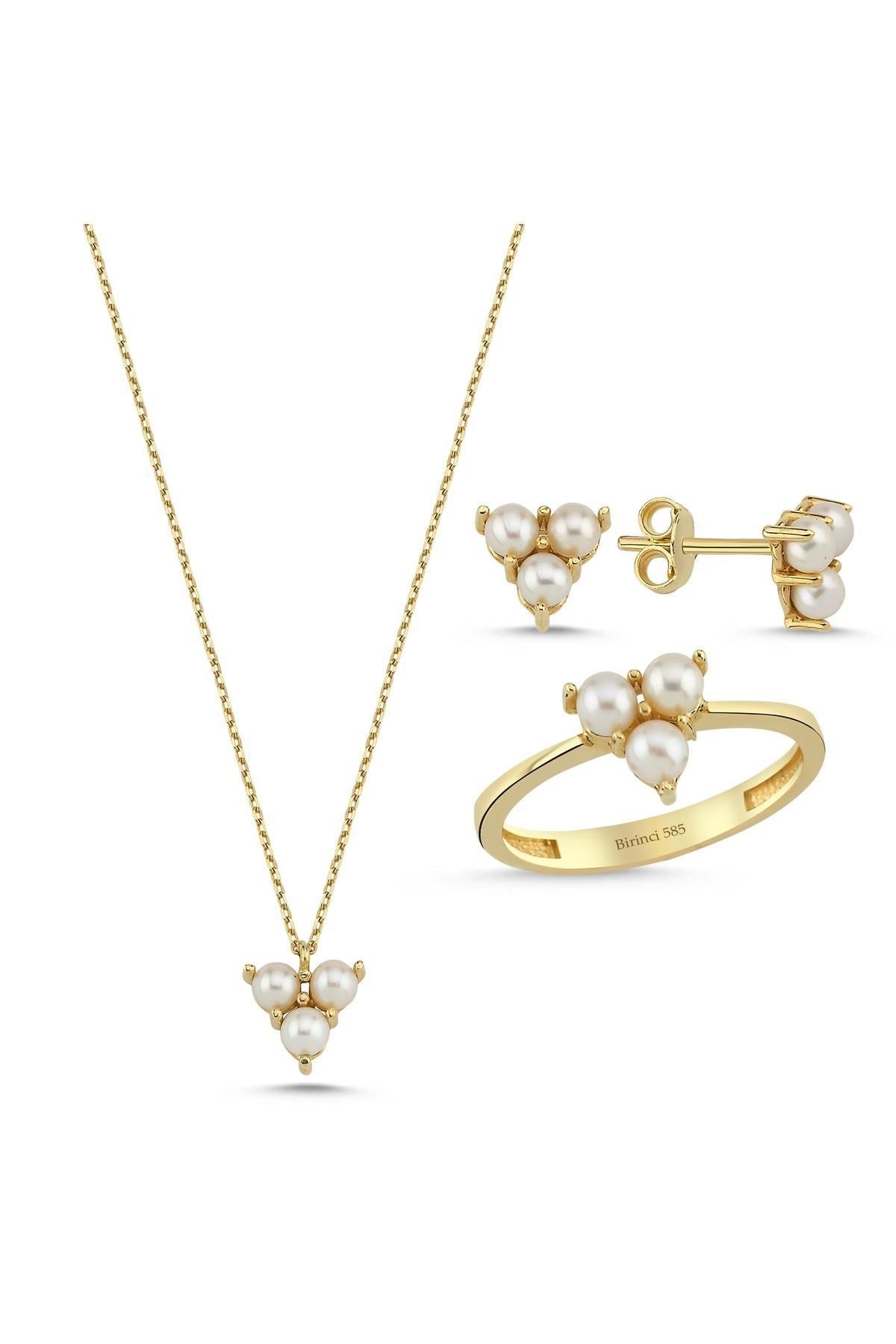 Tria Doğal İnci Küpe Kolye Yüzük Üçlü Set