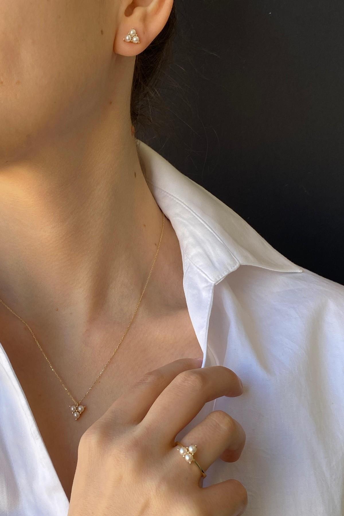 Tria Doğal İnci Küpe Kolye Yüzük Üçlü Set