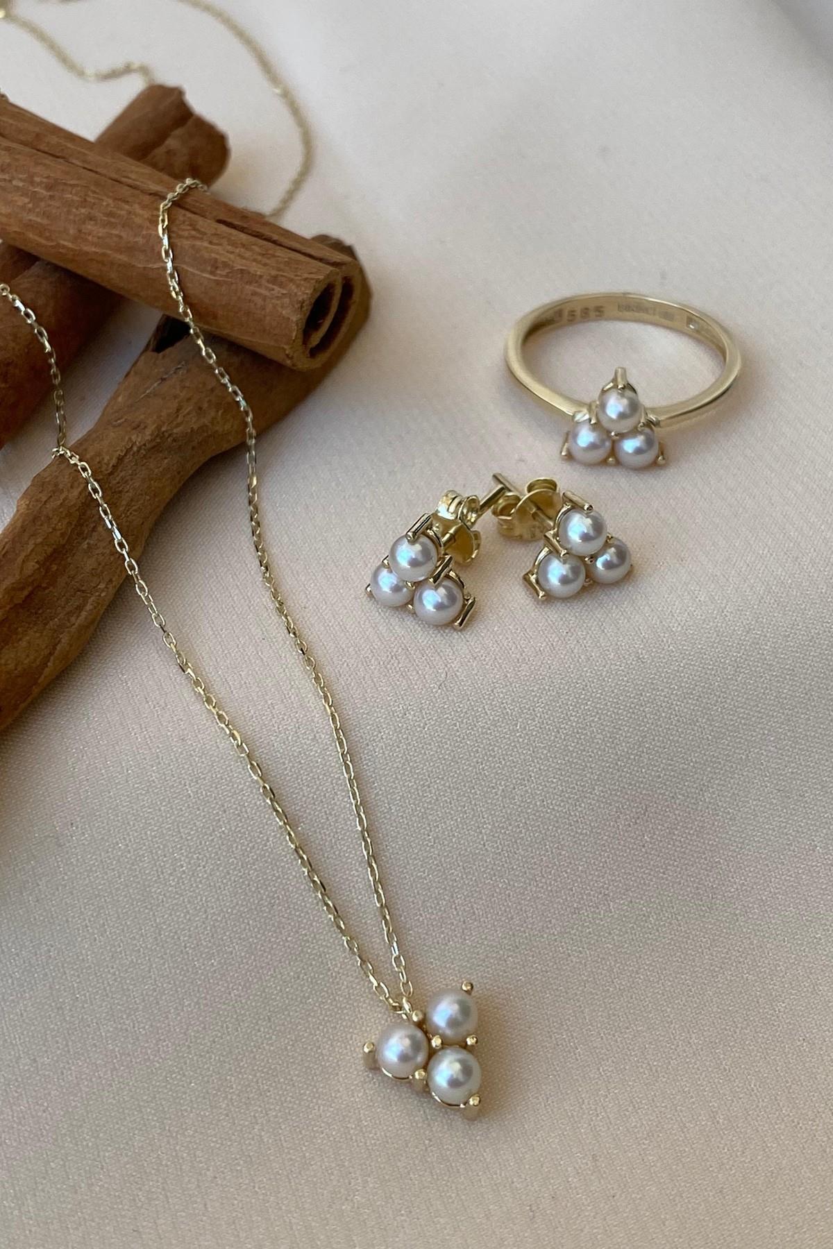 Tria Doğal İnci Küpe Kolye Yüzük Üçlü Set