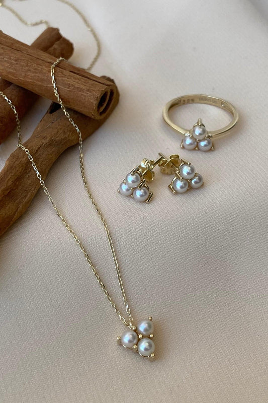 Tria Doğal İnci Küpe Kolye Yüzük Üçlü Set