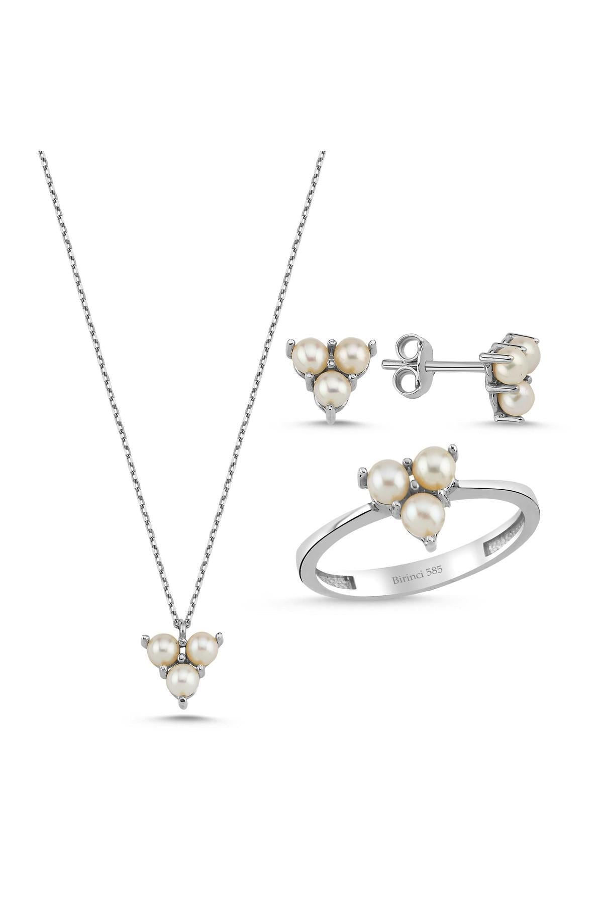 Tria Doğal İnci Küpe Kolye Yüzük Üçlü Set