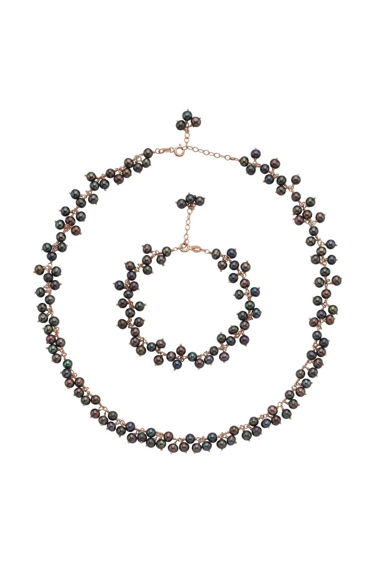 Sallantılı Doğal İnci Kolye Bileklik İkili Set