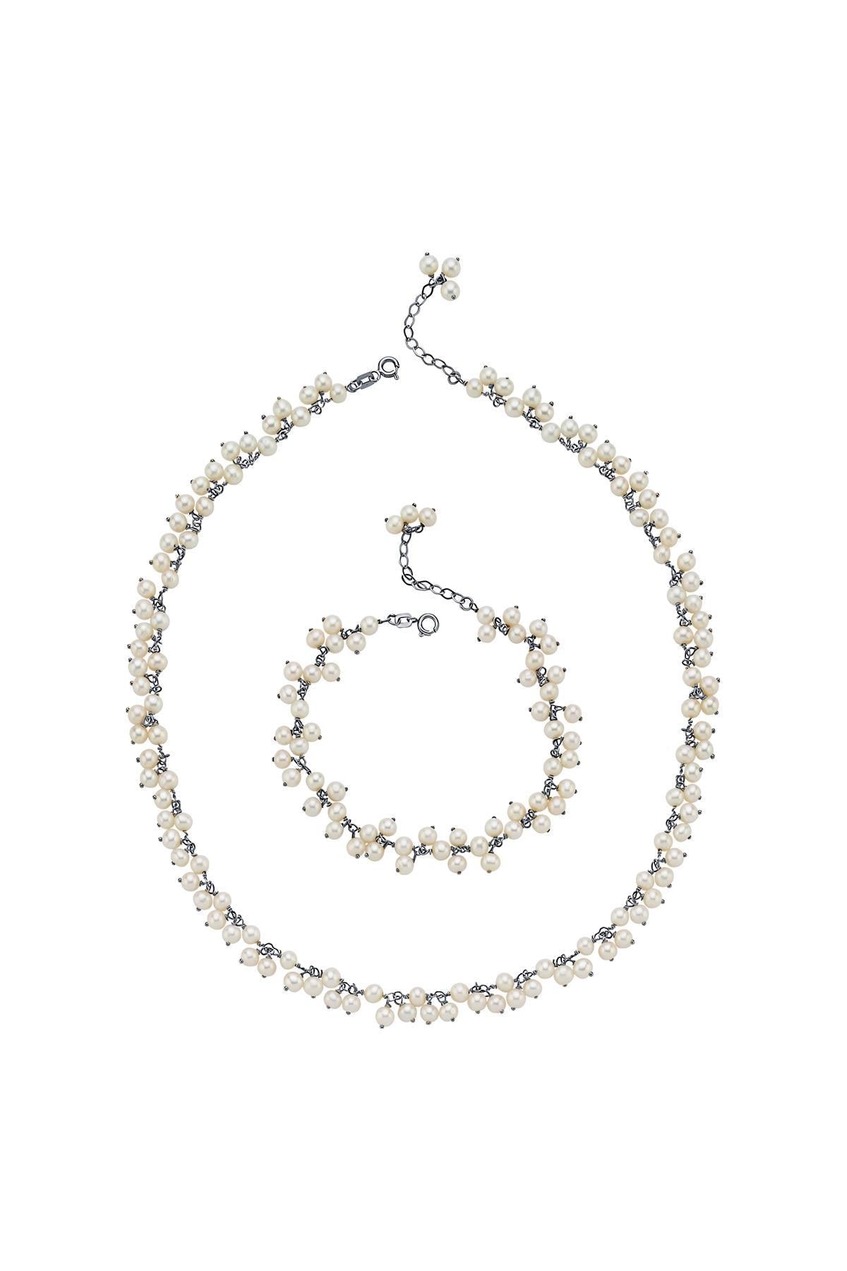 Sallantılı Doğal İnci Kolye Bileklik İkili Set