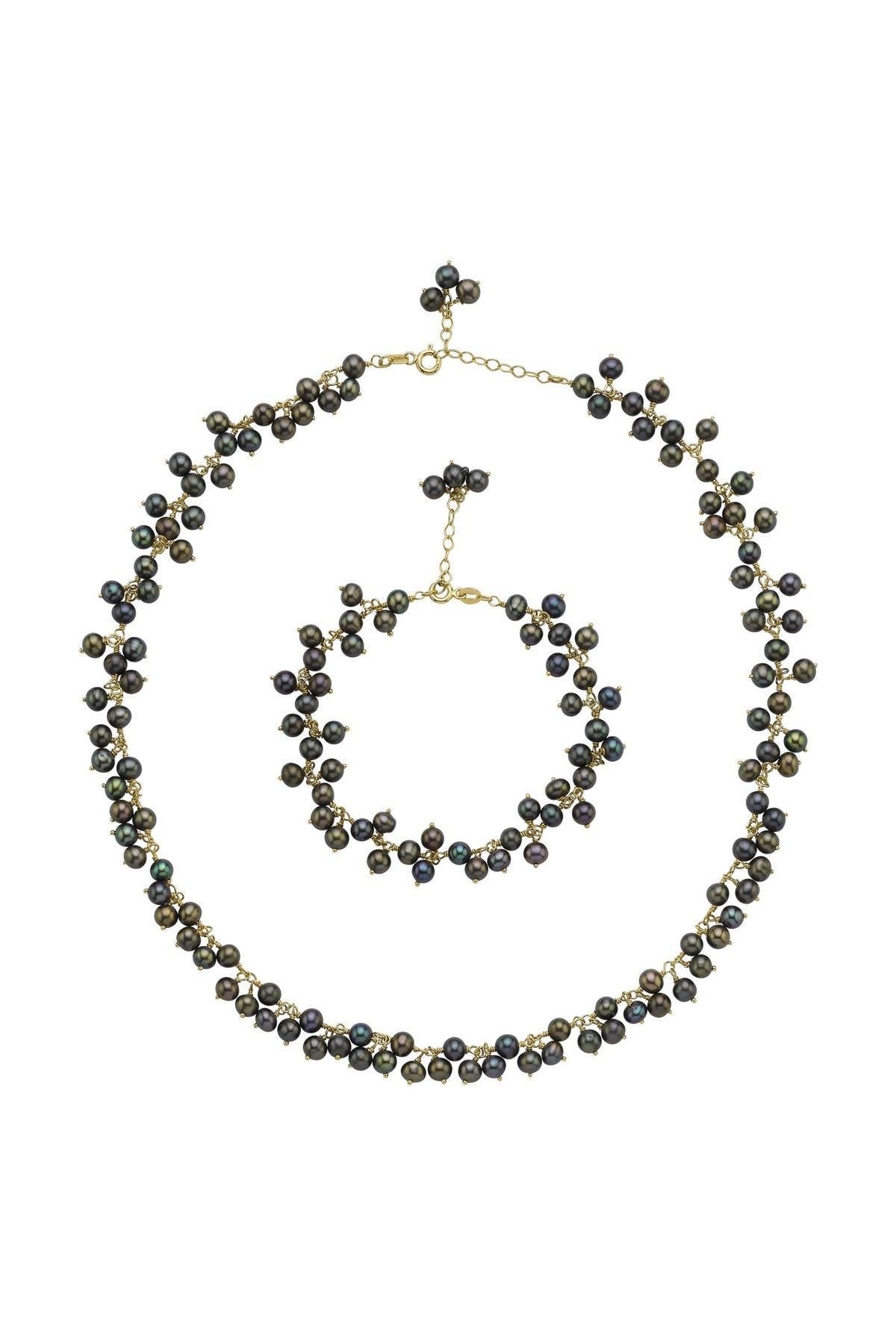 Sallantılı Doğal İnci Kolye Bileklik İkili Set