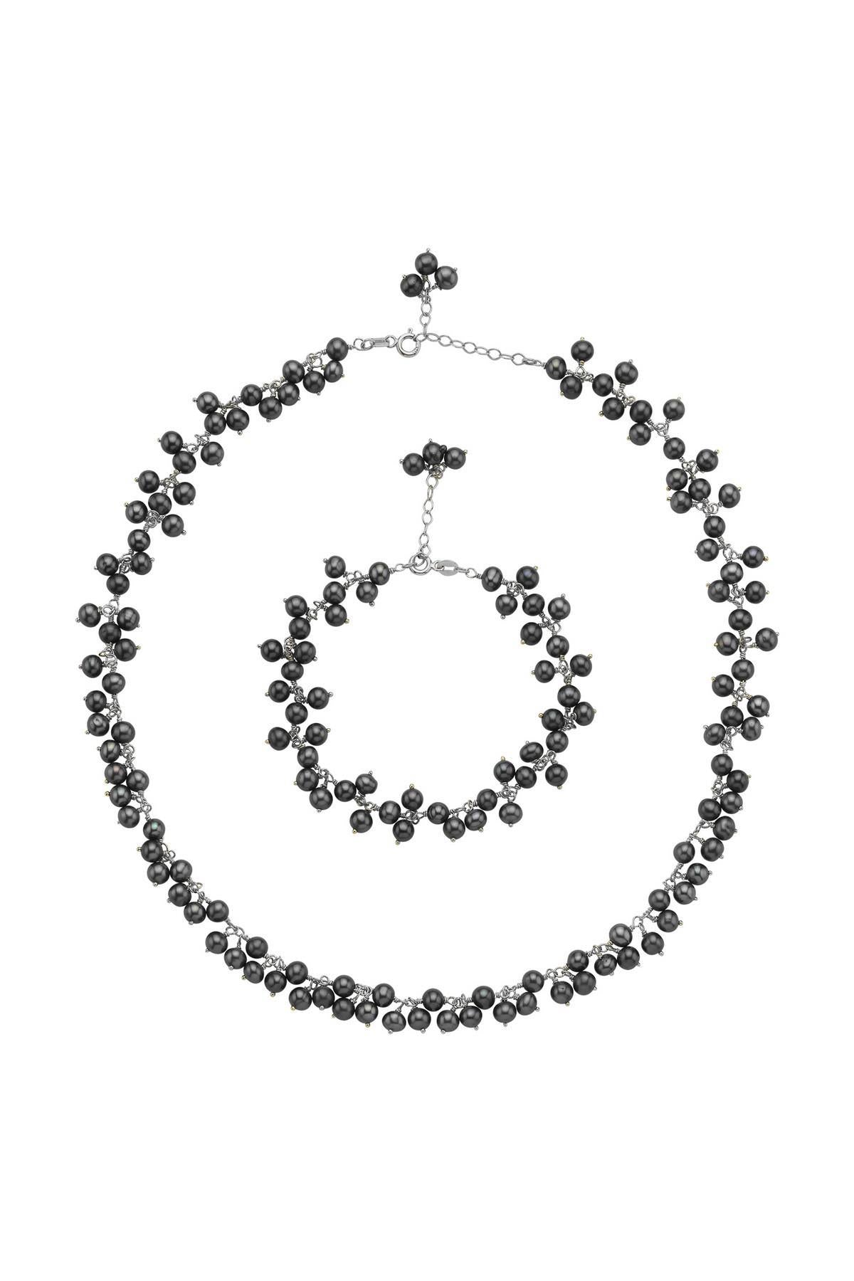 Sallantılı Doğal İnci Kolye Bileklik İkili Set