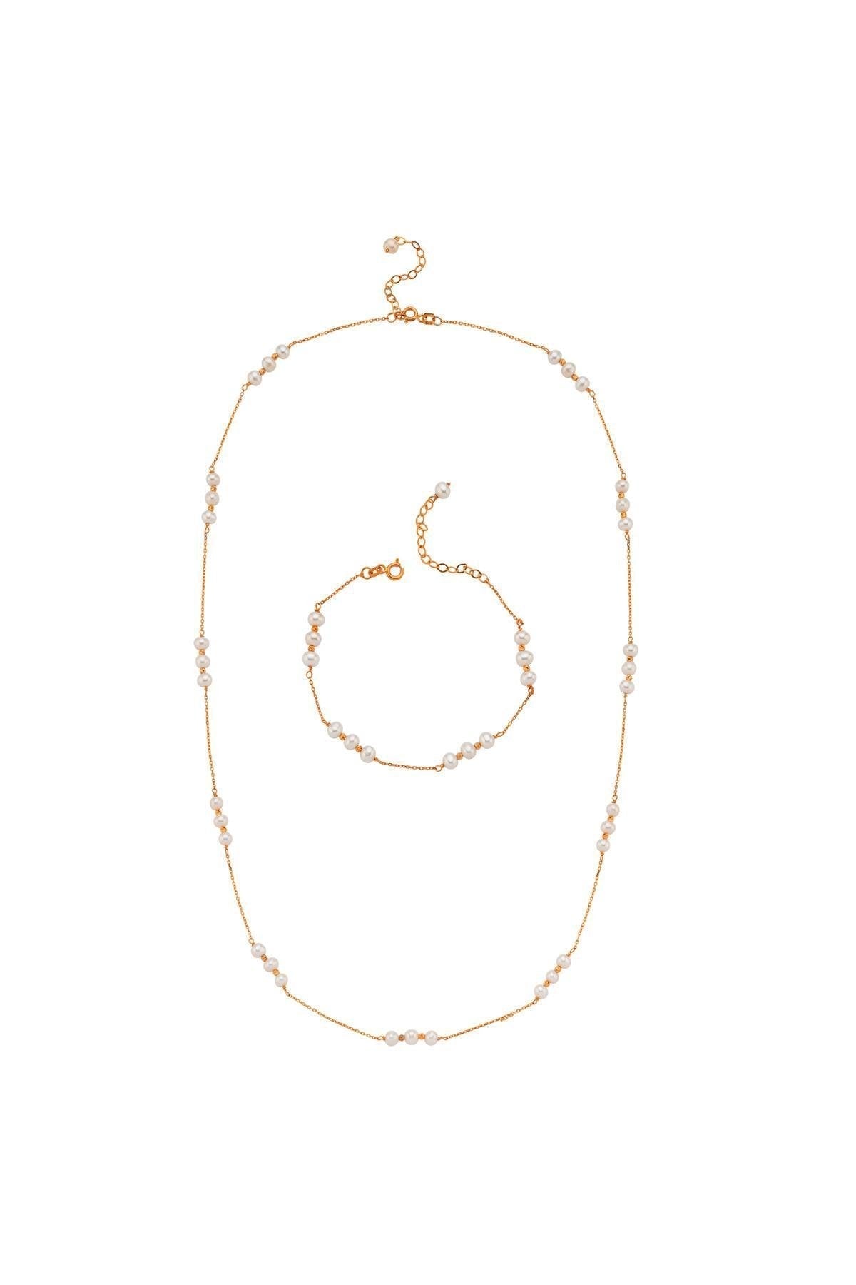 Üç Doğal İnci Dorika Toplu Zincir Kolye Bileklik İkili Set