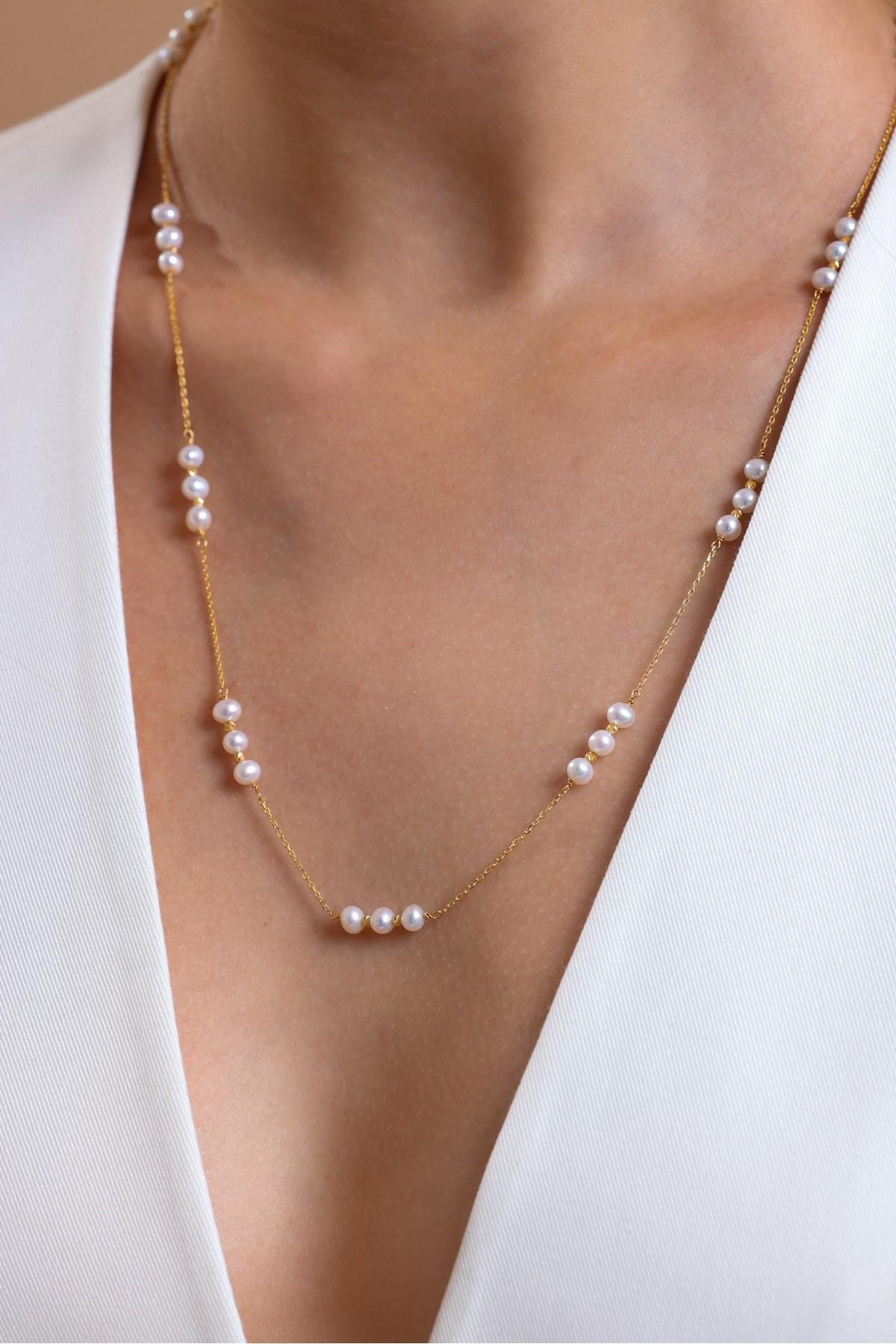 Üç Doğal İnci Dorika Toplu Zincir Kolye Bileklik İkili Set