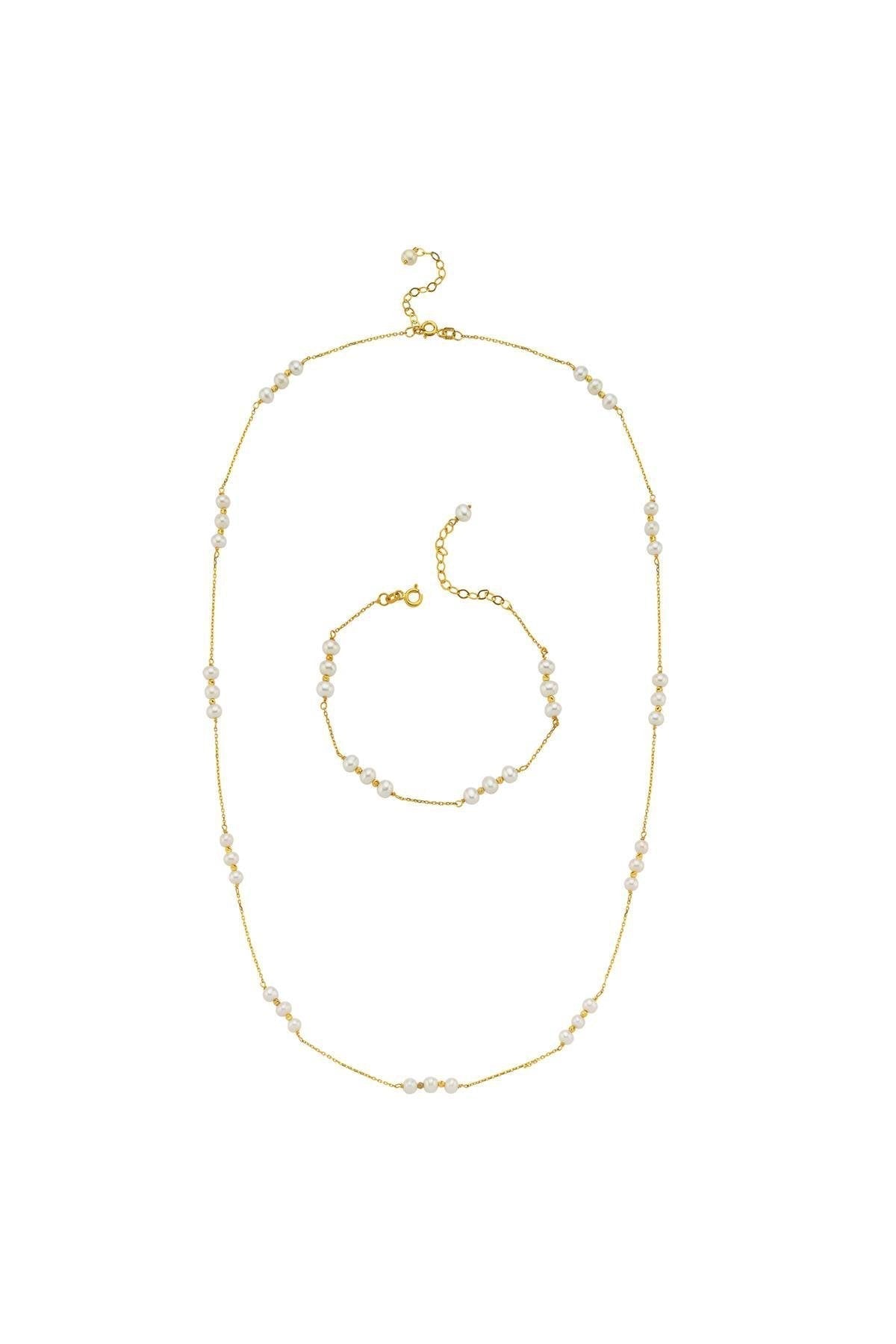 Üç Doğal İnci Dorika Toplu Zincir Kolye Bileklik İkili Set