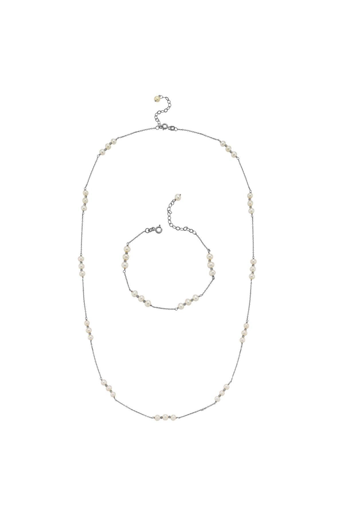 Üç Doğal İnci Dorika Toplu Zincir Kolye Bileklik İkili Set