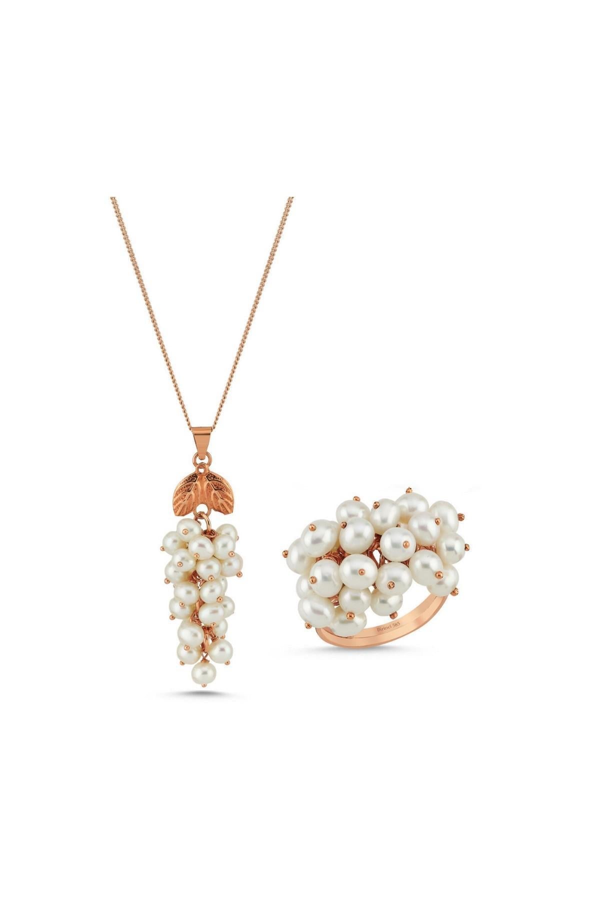 Üzüm Salkımı Doğal İnci Kolye Yüzük İkili Set
