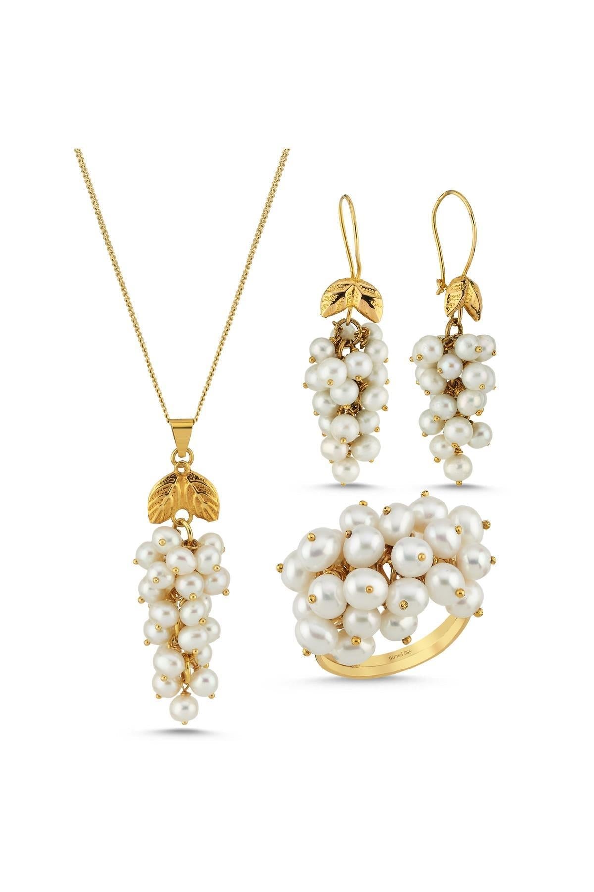 Üzüm Salkımı Doğal İnci Küpe Kolye Yüzük Üçlü Set