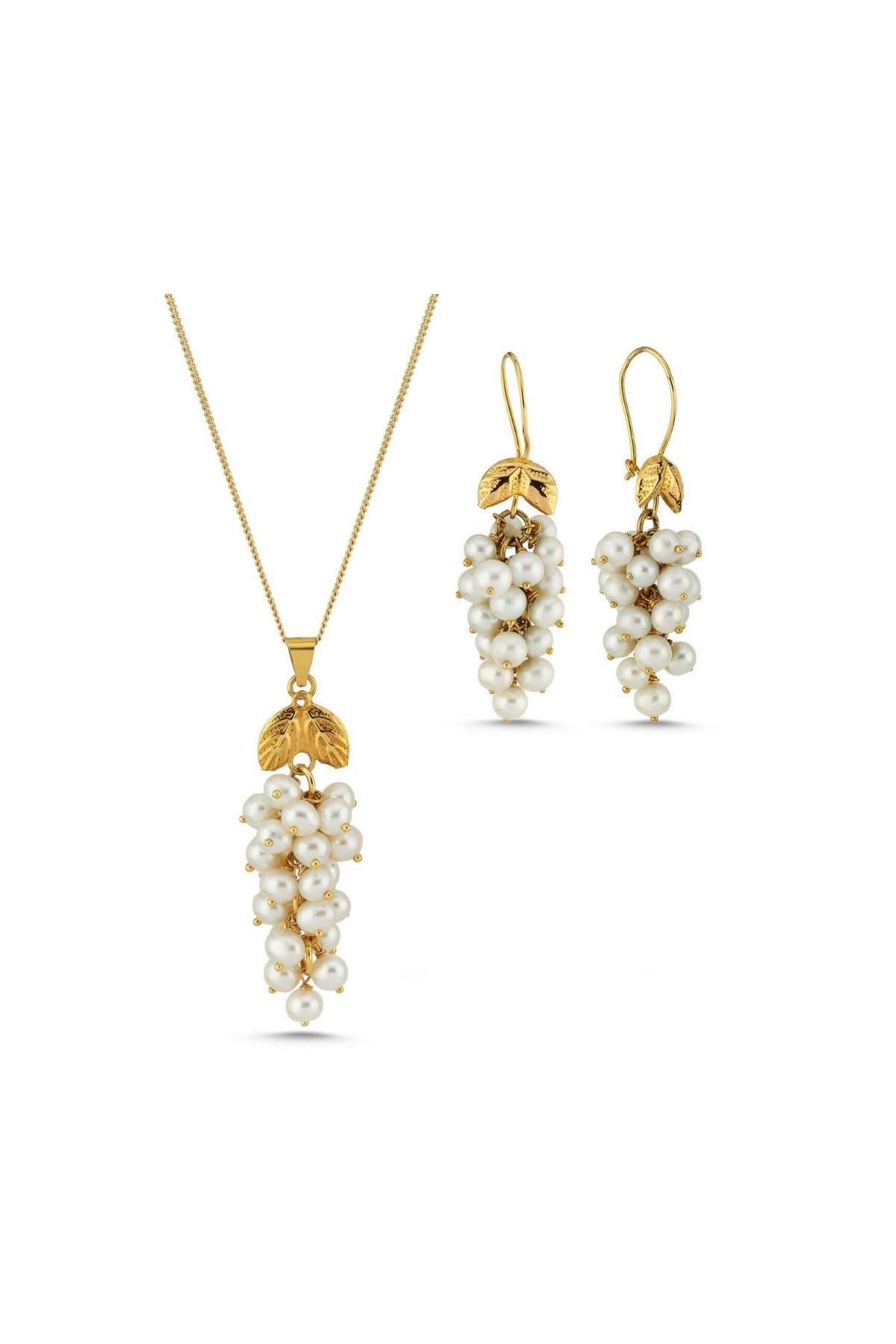 Üzüm Salkımı Doğal İnci Küpe Kolye İkili Set