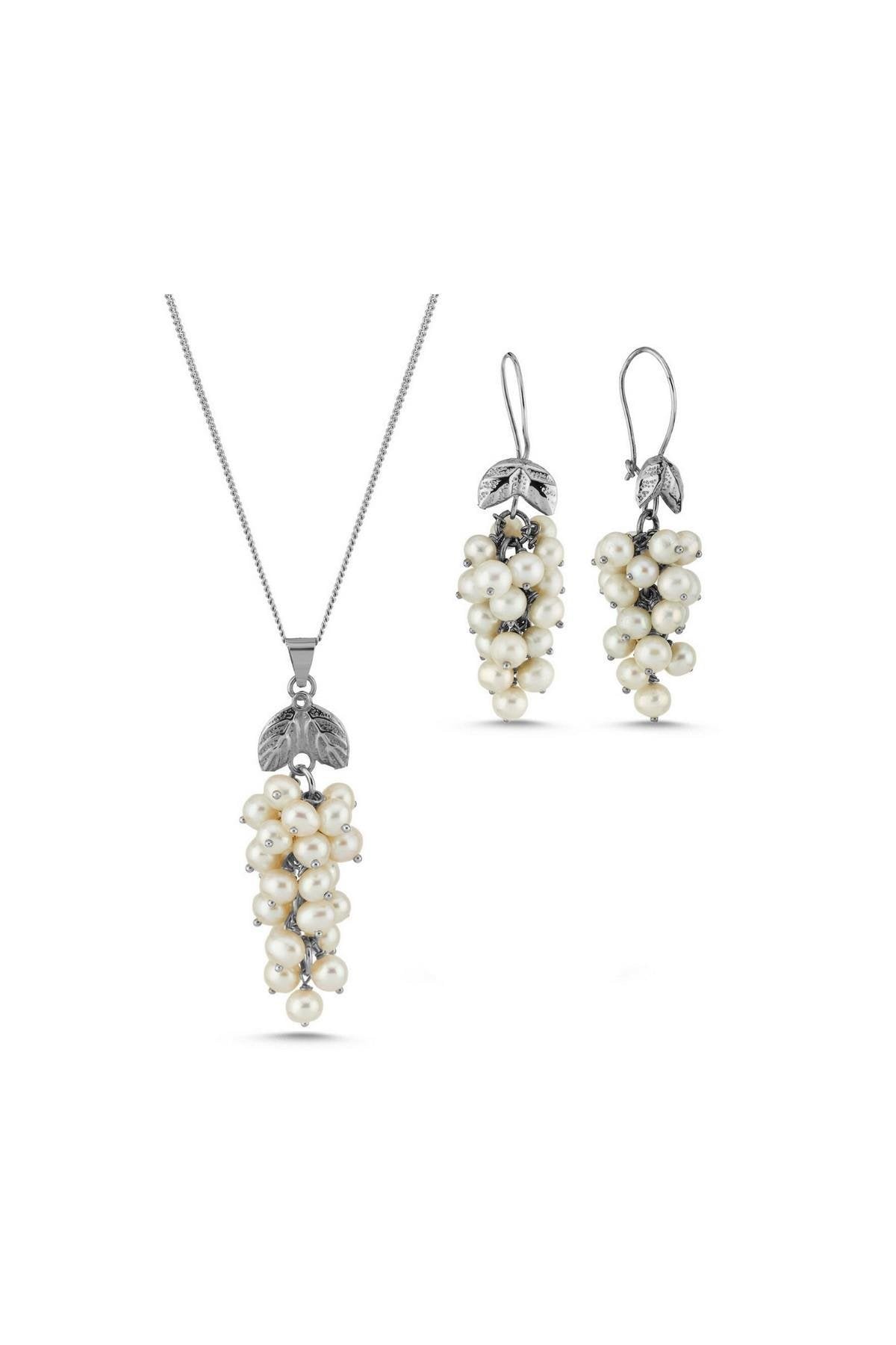 Üzüm Salkımı Doğal İnci Küpe Kolye İkili Set