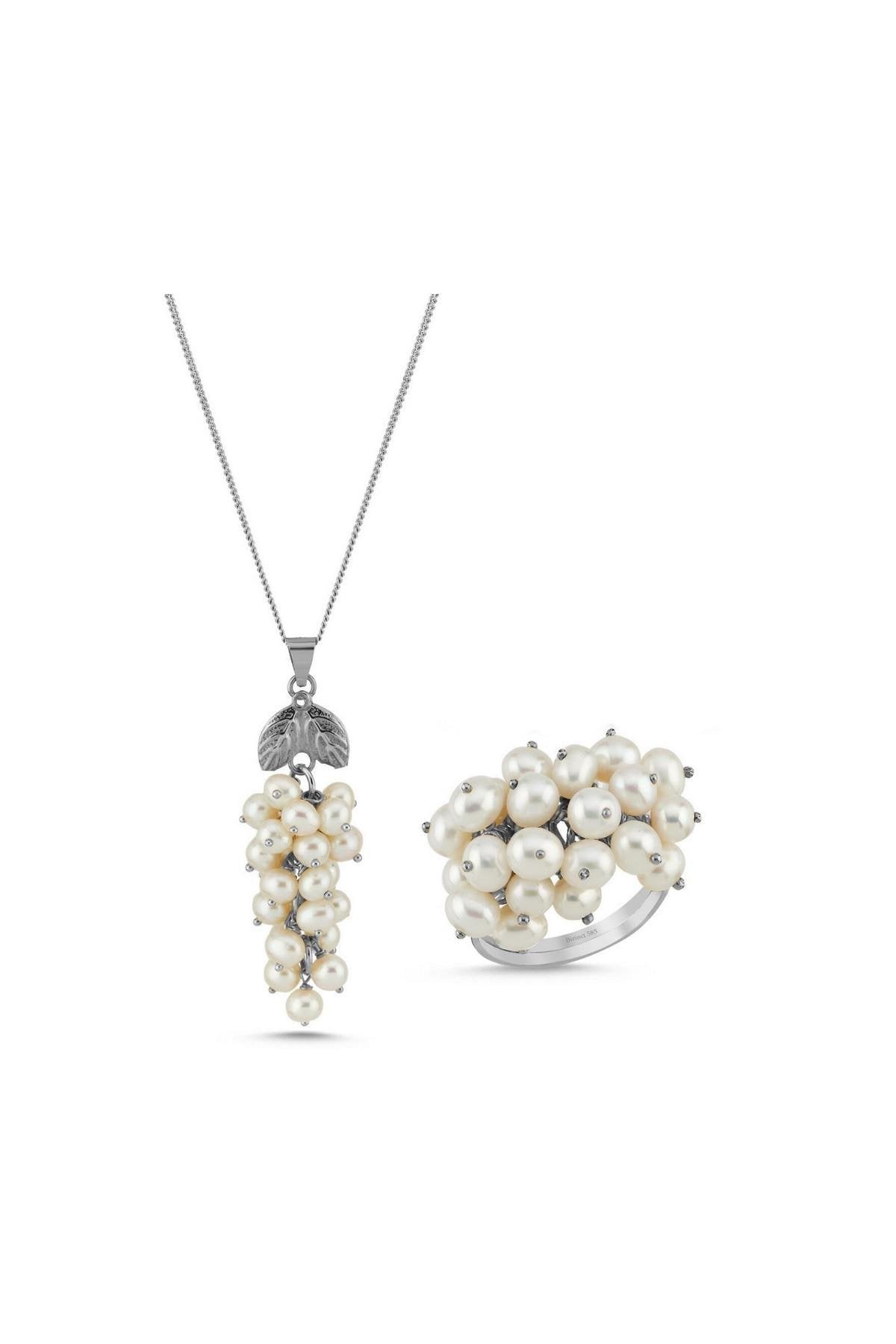 Üzüm Salkımı Doğal İnci Kolye Yüzük İkili Set