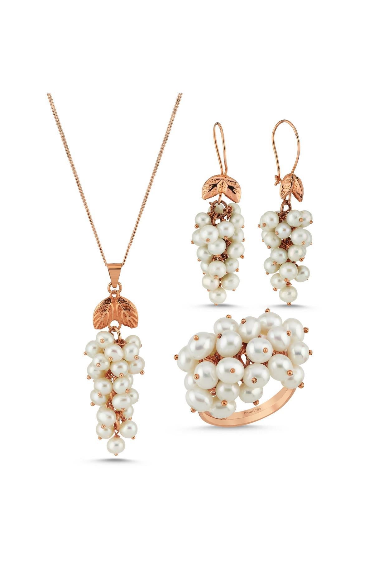 Üzüm Salkımı Doğal İnci Küpe Kolye Yüzük Üçlü Set