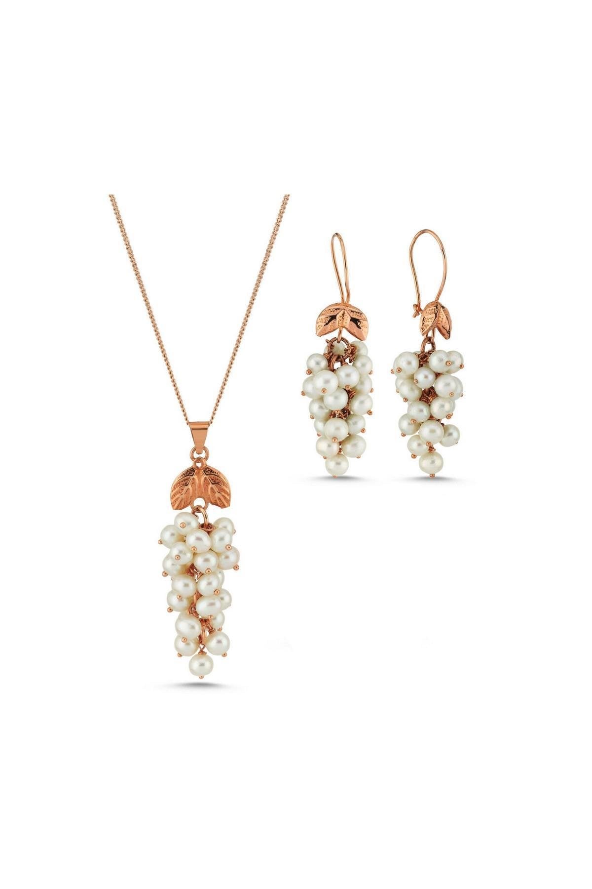 Üzüm Salkımı Doğal İnci Küpe Kolye İkili Set