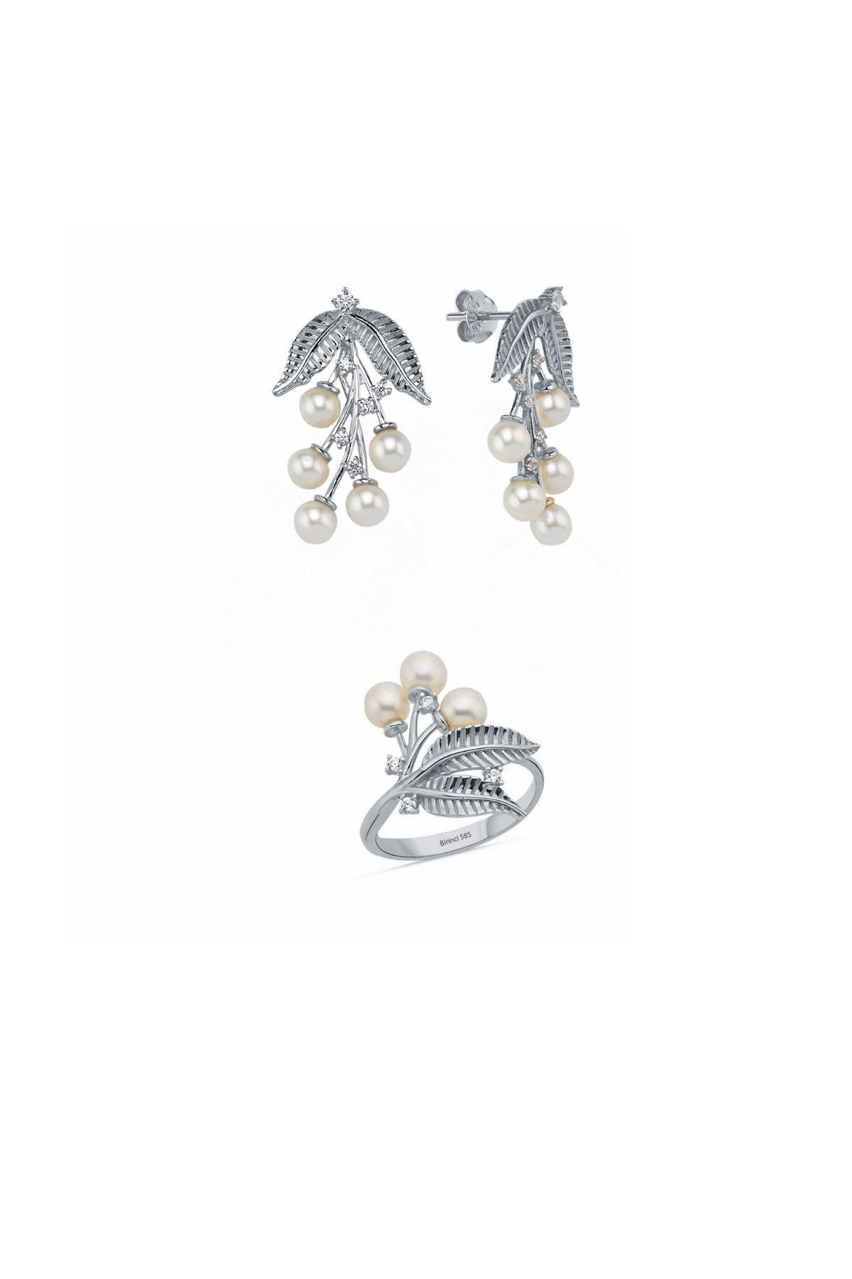 Zeytin Dalı Doğal İnci Küpe Yüzük İkili Set