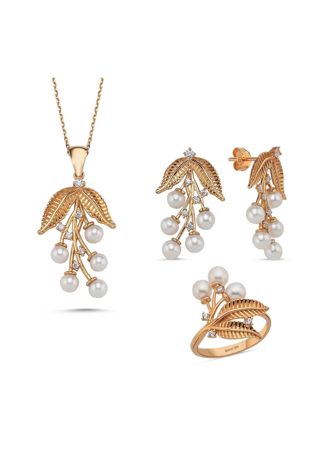 Zeytin Dalı Doğal İncili Kolye Yüzük İkili Set