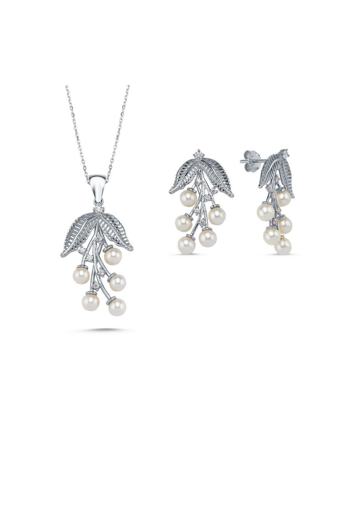 Zeytin Dalı Doğal İncili Küpe Kolye İkili Set