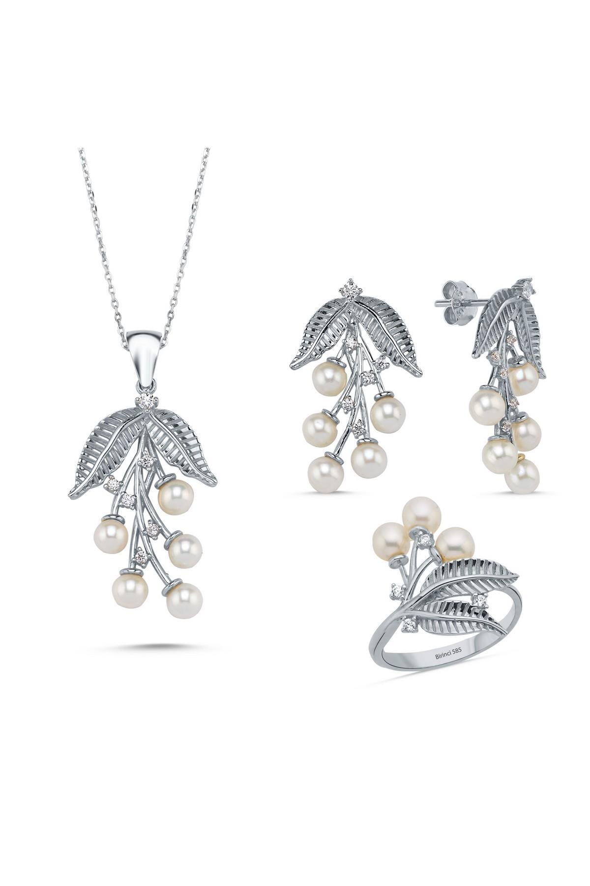 Zeytin Dalı Doğal İncili Küpe Kolye Yüzük Üçlü Set