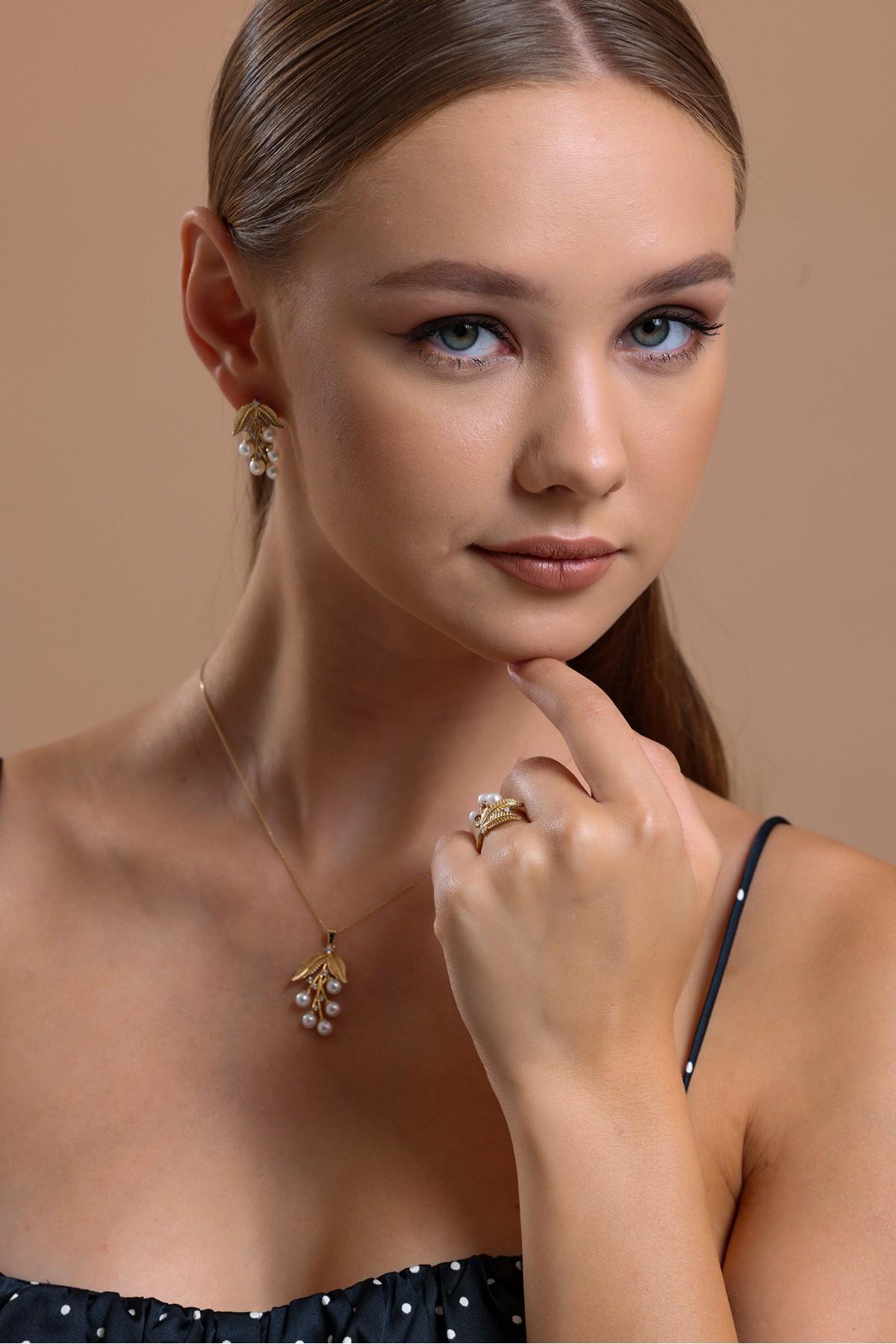 Zeytin Dalı Doğal İncili Küpe Kolye Yüzük Üçlü Set