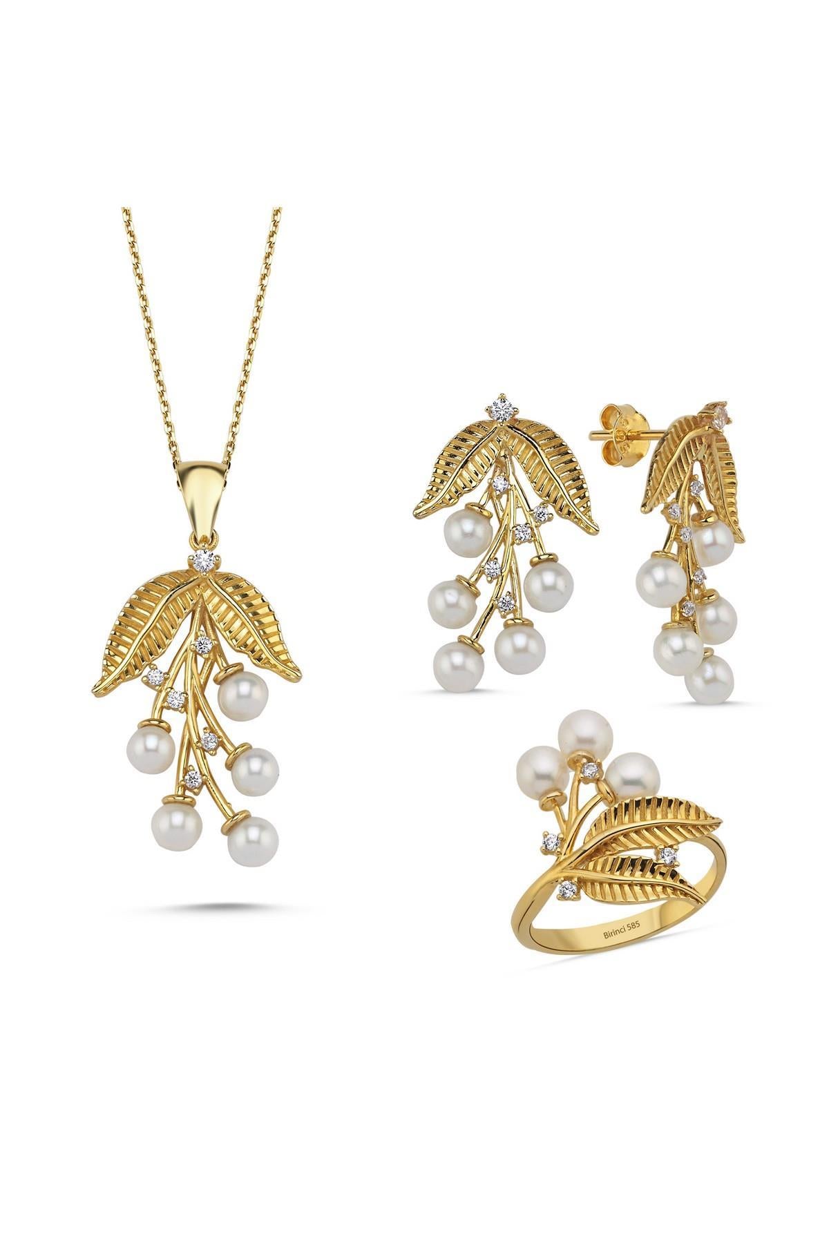 Zeytin Dalı Doğal İncili Kolye Yüzük İkili Set