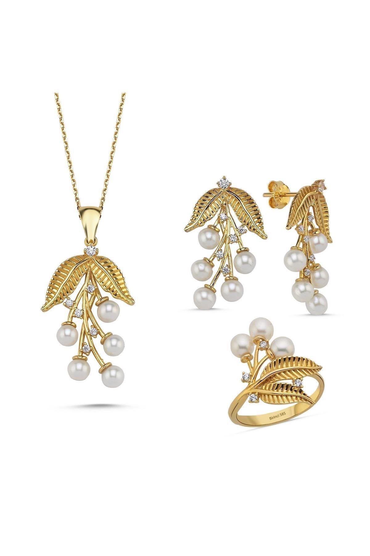 Zeytin Dalı Doğal İncili Kolye Yüzük İkili Set