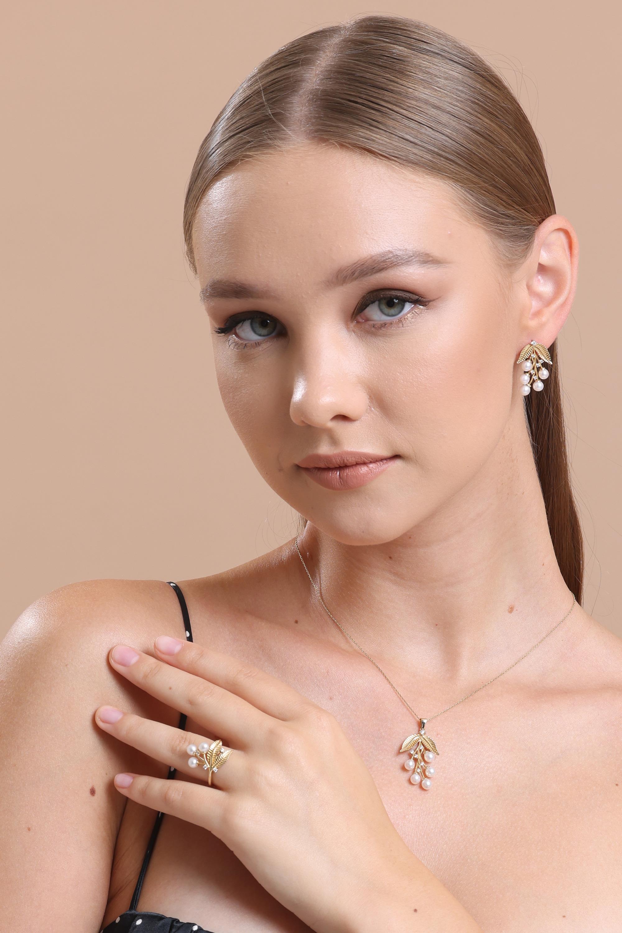 Zeytin Dalı Doğal İncili Kolye Yüzük İkili Set