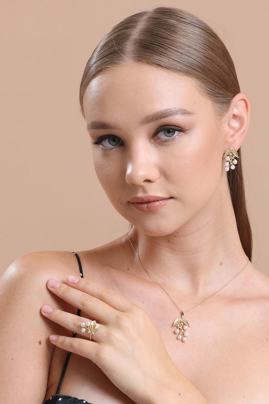 Zeytin Dalı Doğal İncili Kolye Yüzük İkili Set