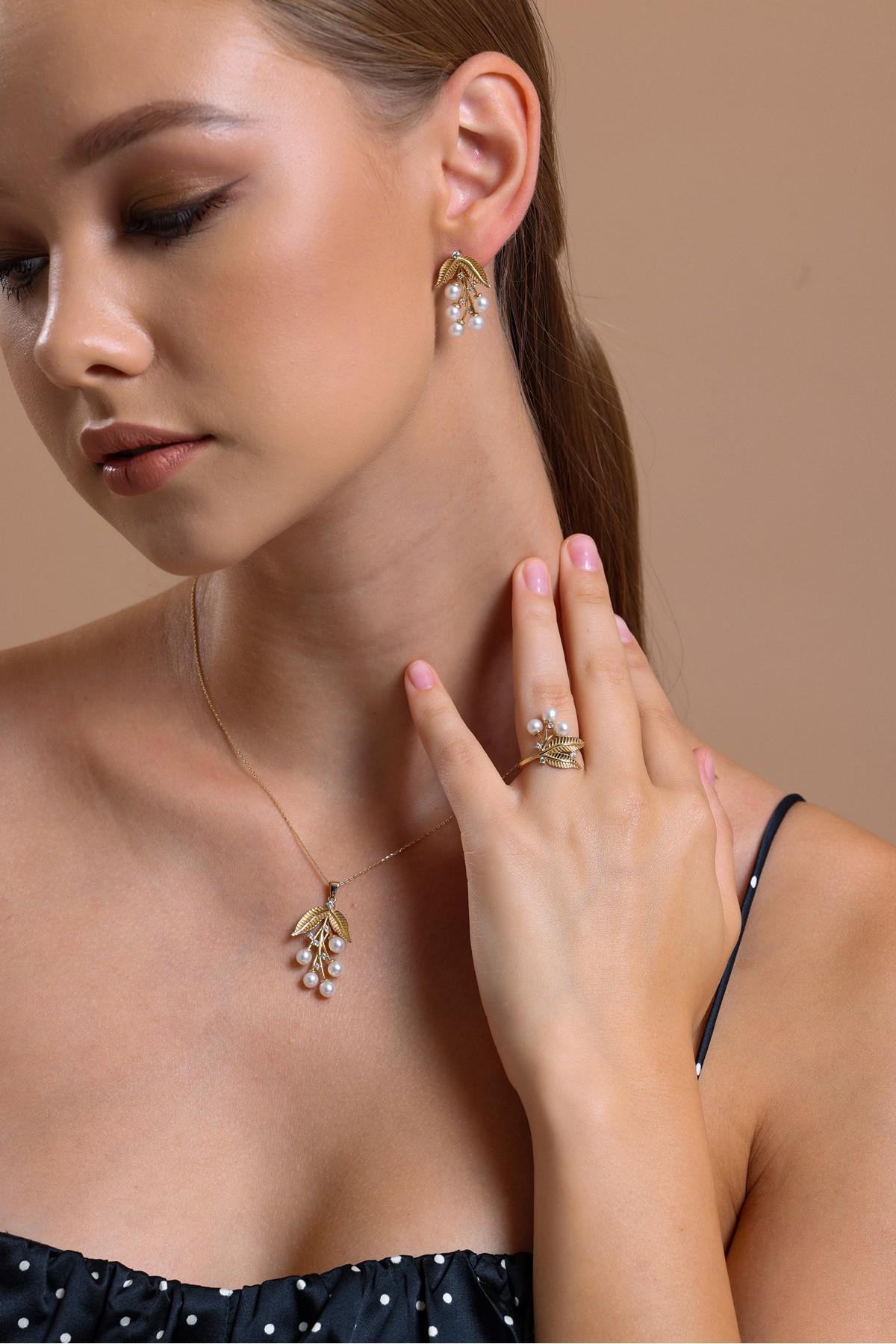 Zeytin Dalı Doğal İncili Küpe Kolye Yüzük Üçlü Set