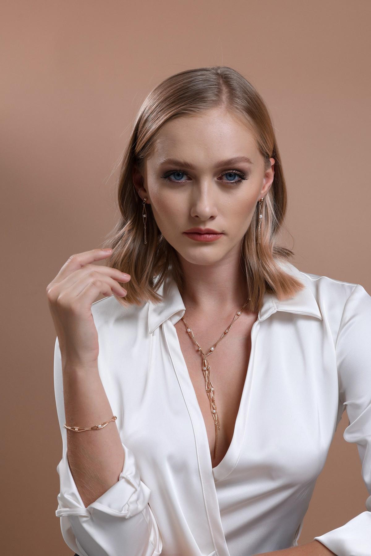 Baklava Dilimi Doğal İncili Küpe Kolye Bileklik Üçlü Set