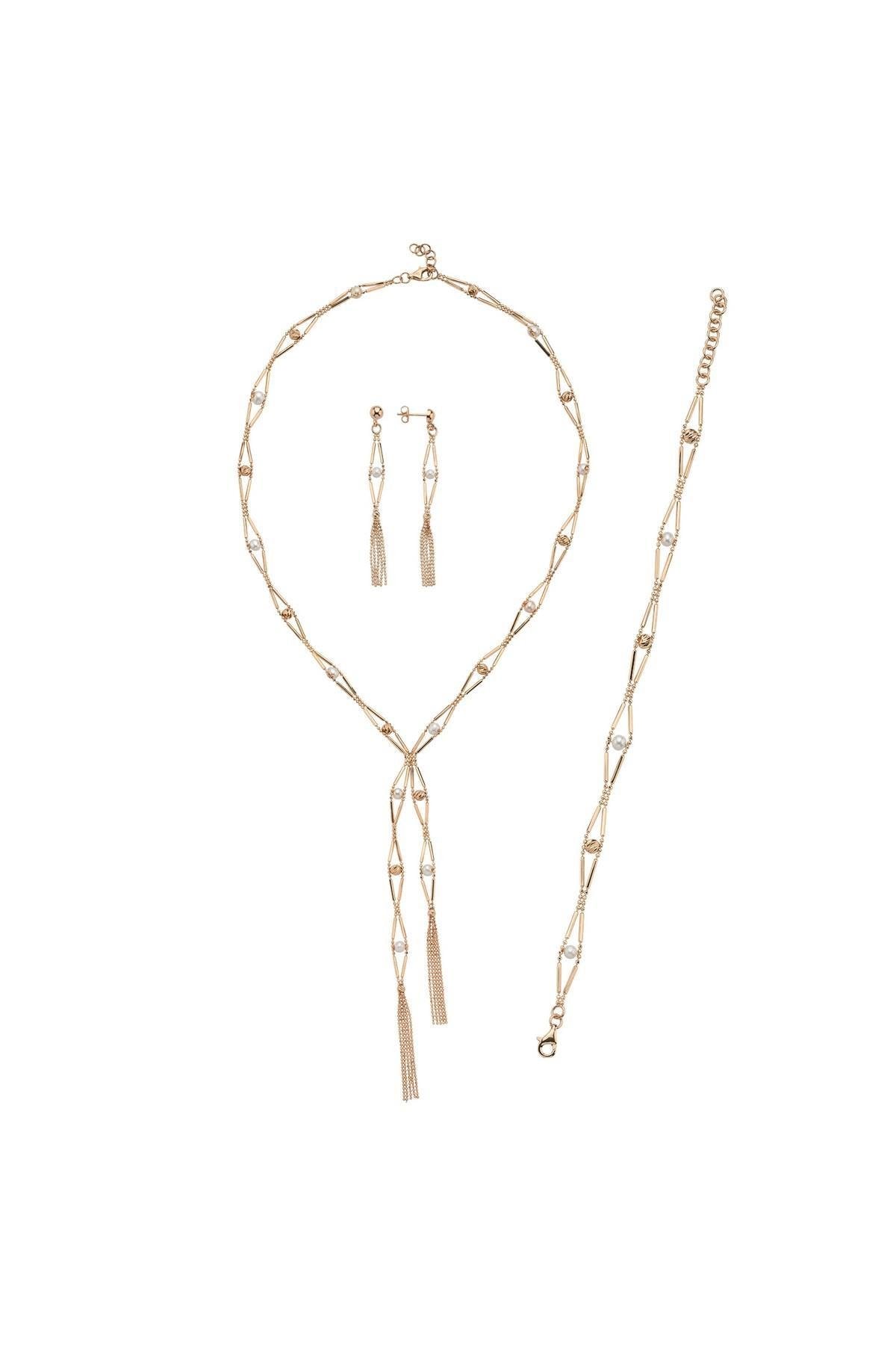 Baklava Dilimi Doğal İncili Küpe Kolye Bileklik Üçlü Set