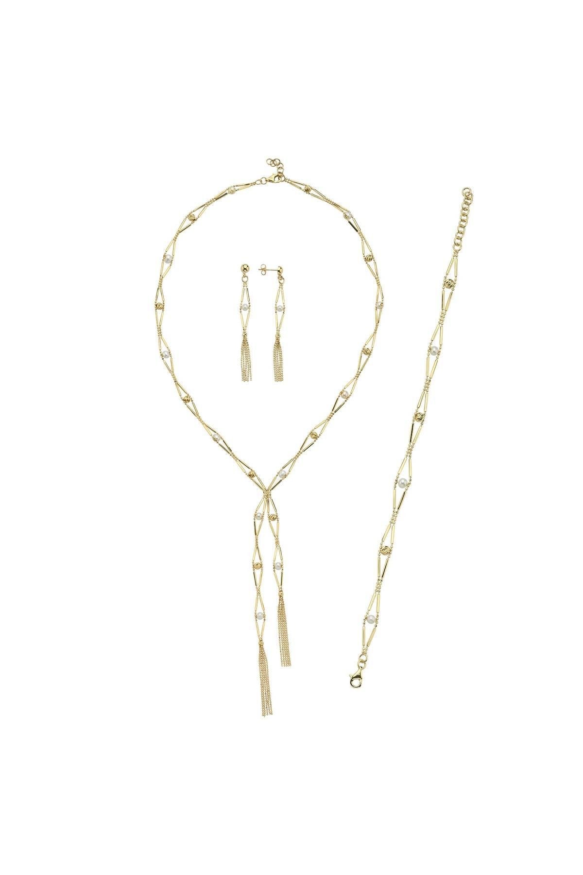 Baklava Dilimi Doğal İncili Küpe Kolye Bileklik Üçlü Set