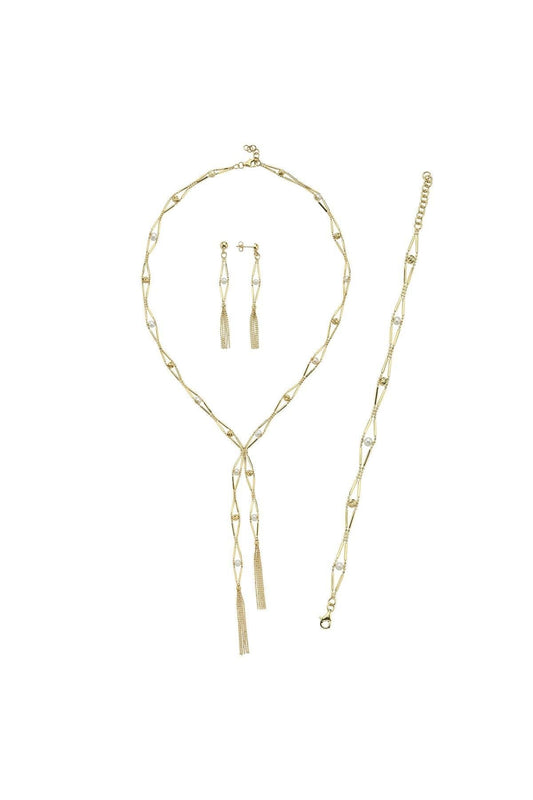 Baklava Dilimi Doğal İncili Küpe Kolye Bileklik Üçlü Set